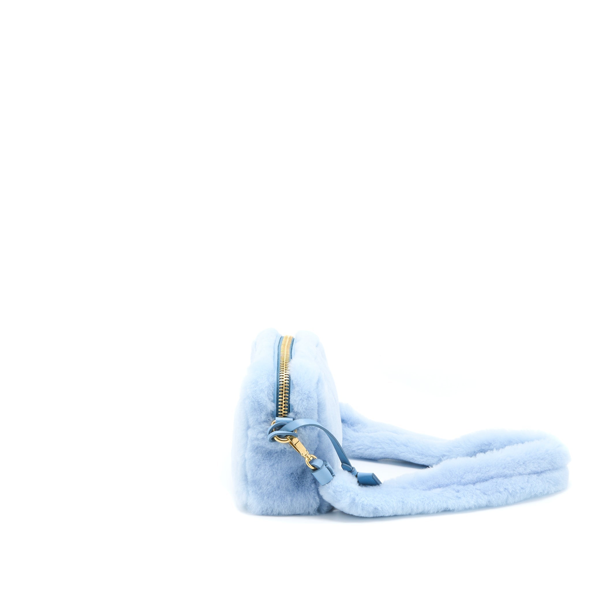 MIU MIU TOP HANDLE CROSSBODY CAMERA BAG SHEARLING LIGHT BLUE GHW