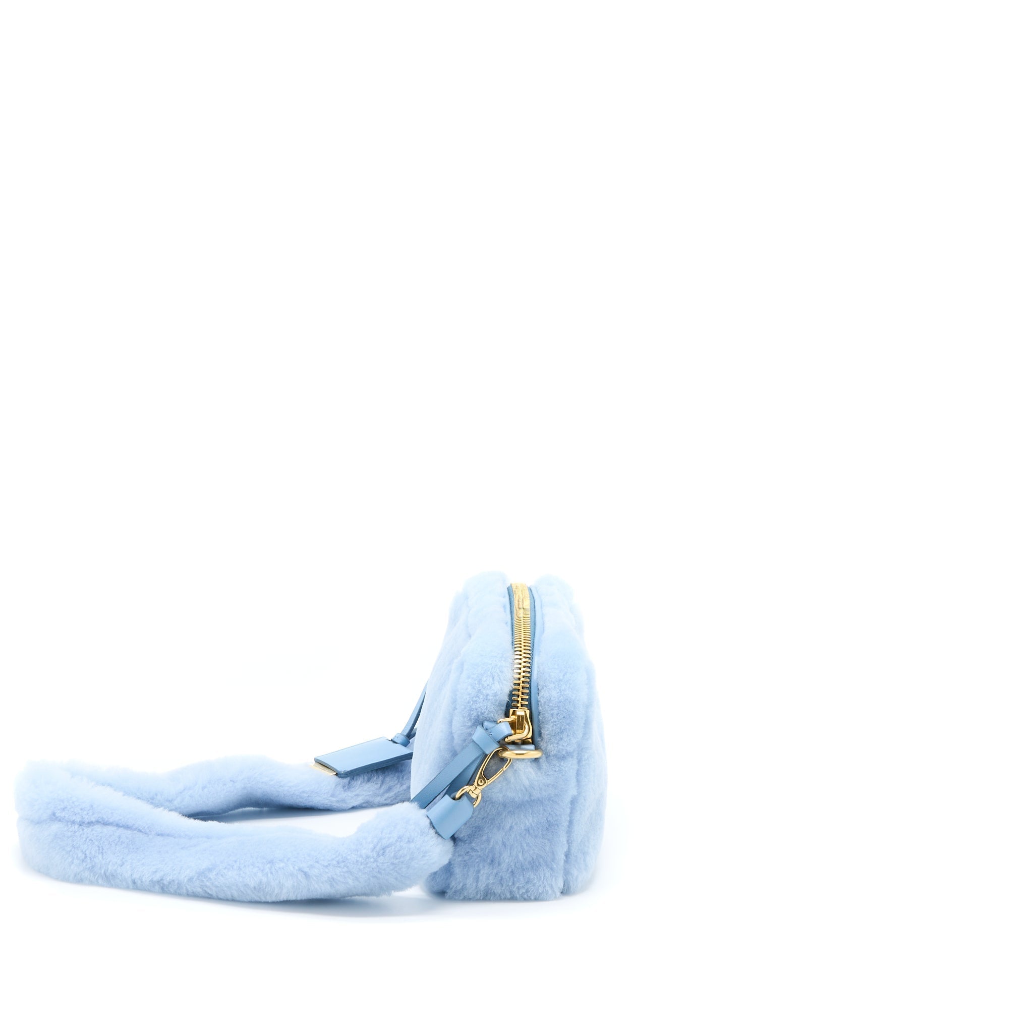 MIU MIU TOP HANDLE CROSSBODY CAMERA BAG SHEARLING LIGHT BLUE GHW