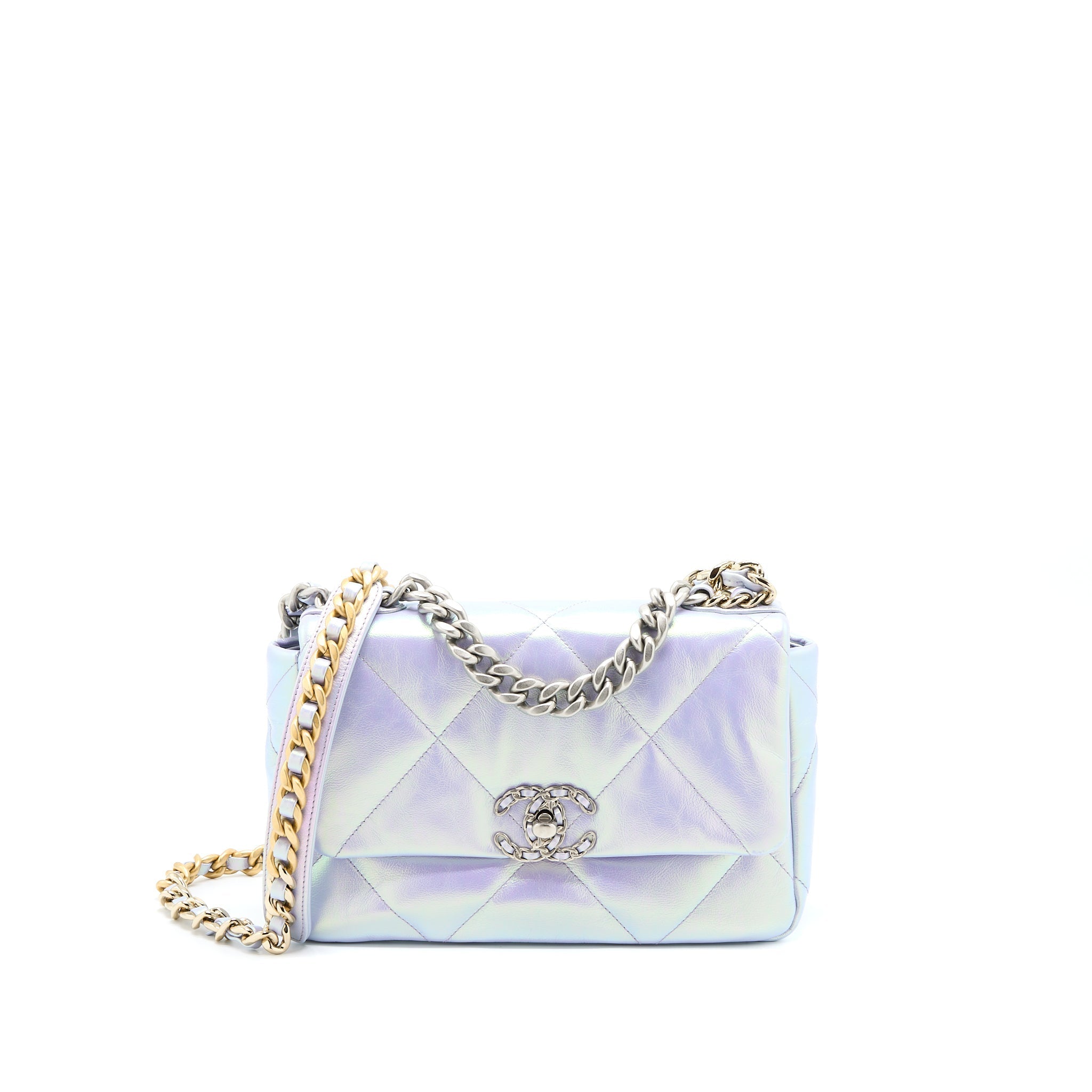 CHANEL SMALL 19 BAG GOATSKIN IRIDESCENT PURPLE MULTICOLOUR HARDWARE (MICROCHIP)