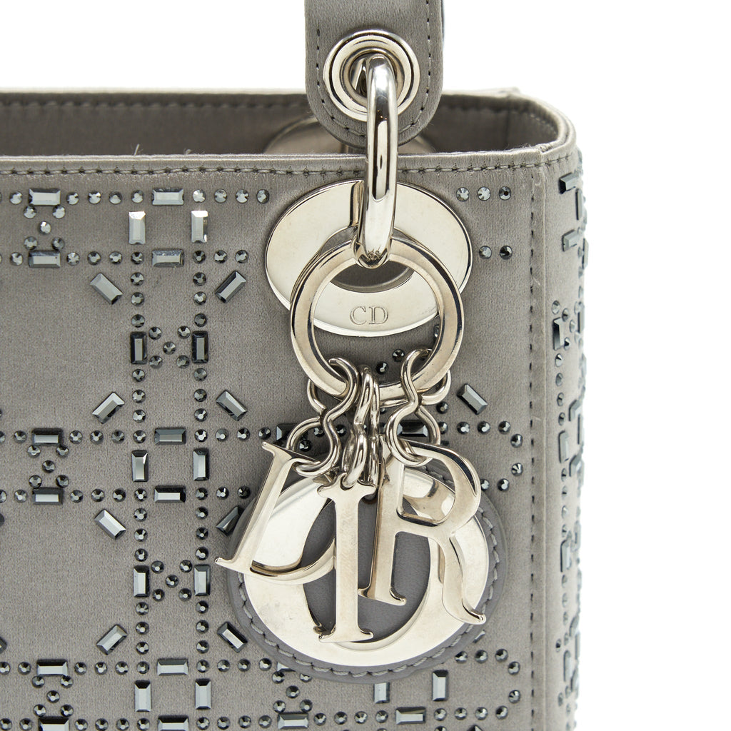 DIOR MINI LADY DIOR SATIN CRYSTAL CANNAGE GREY SHW