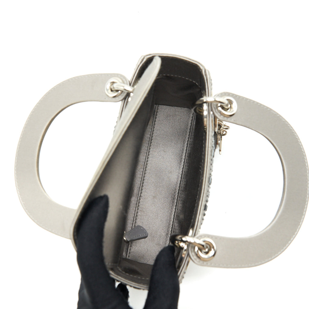 DIOR MINI LADY DIOR SATIN CRYSTAL CANNAGE GREY SHW