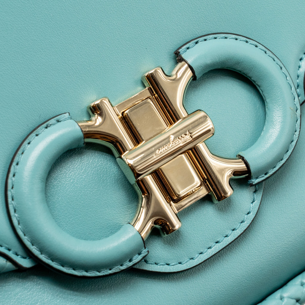 SALVATORE FERRAGAMO TOP HANDLE FLAP LOCK BAG CALFSKIN TURQUOISE LGHW