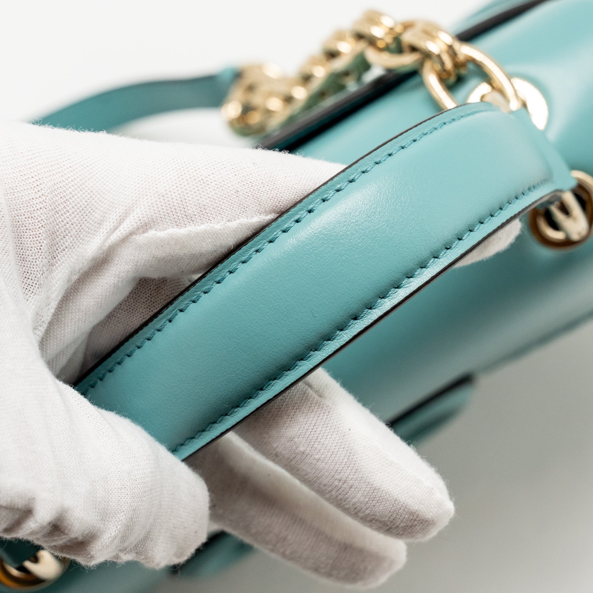 SALVATORE FERRAGAMO TOP HANDLE FLAP LOCK BAG CALFSKIN TURQUOISE LGHW