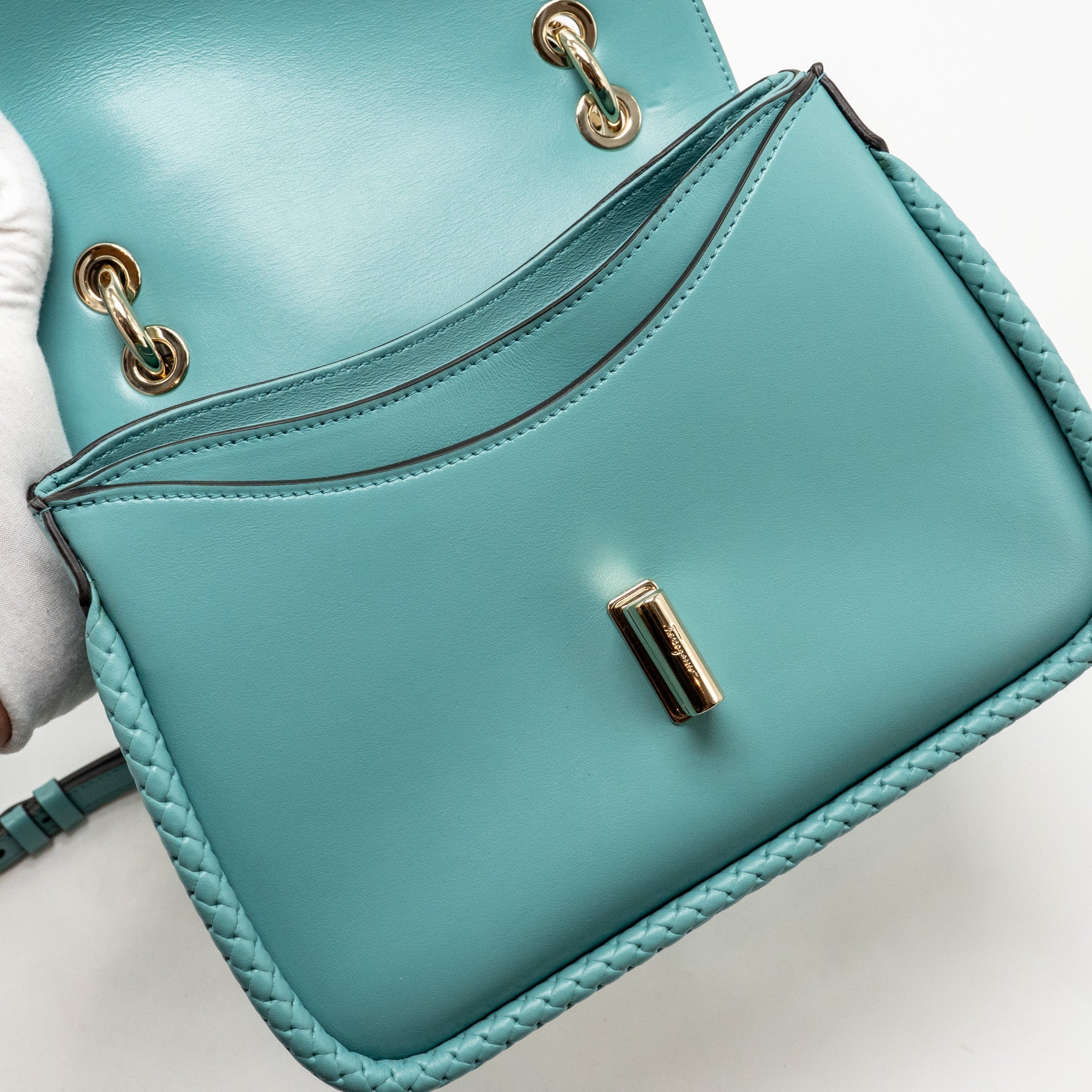 SALVATORE FERRAGAMO TOP HANDLE FLAP LOCK BAG CALFSKIN TURQUOISE LGHW