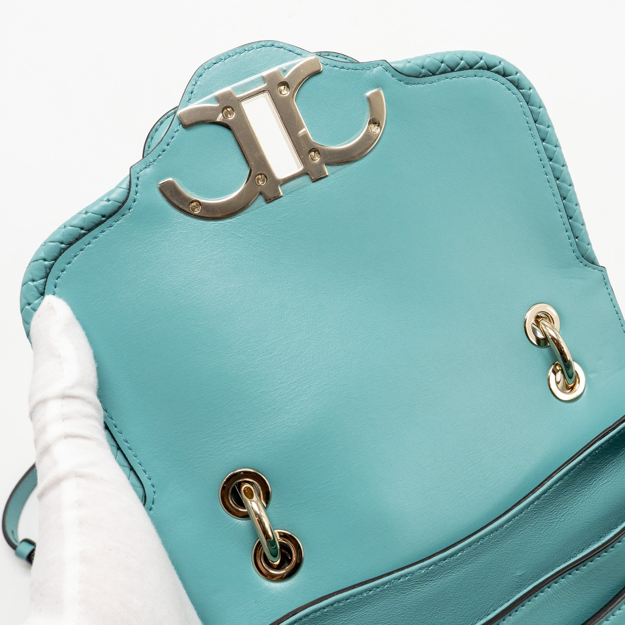 SALVATORE FERRAGAMO TOP HANDLE FLAP LOCK BAG CALFSKIN TURQUOISE LGHW