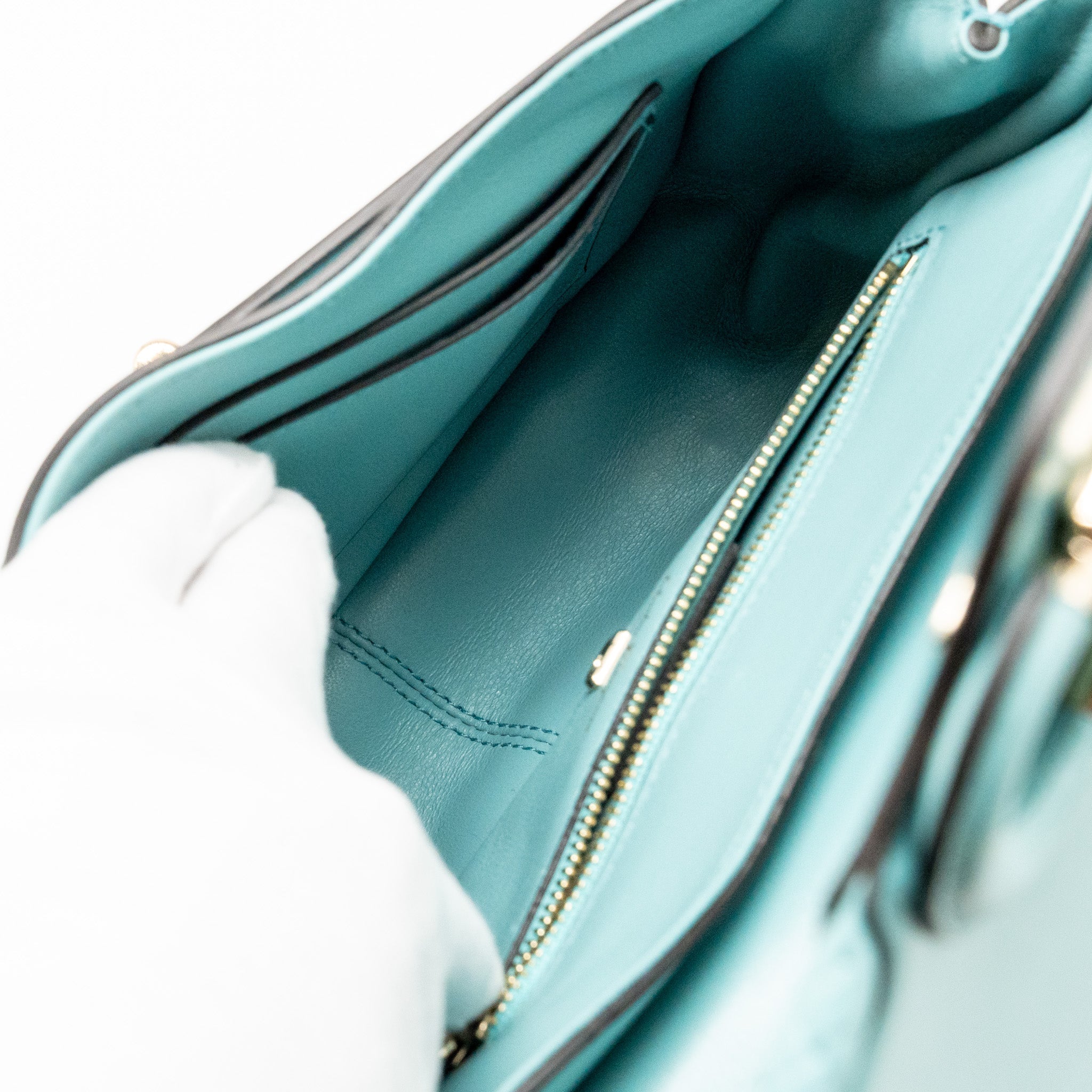 SALVATORE FERRAGAMO TOP HANDLE FLAP LOCK BAG CALFSKIN TURQUOISE LGHW