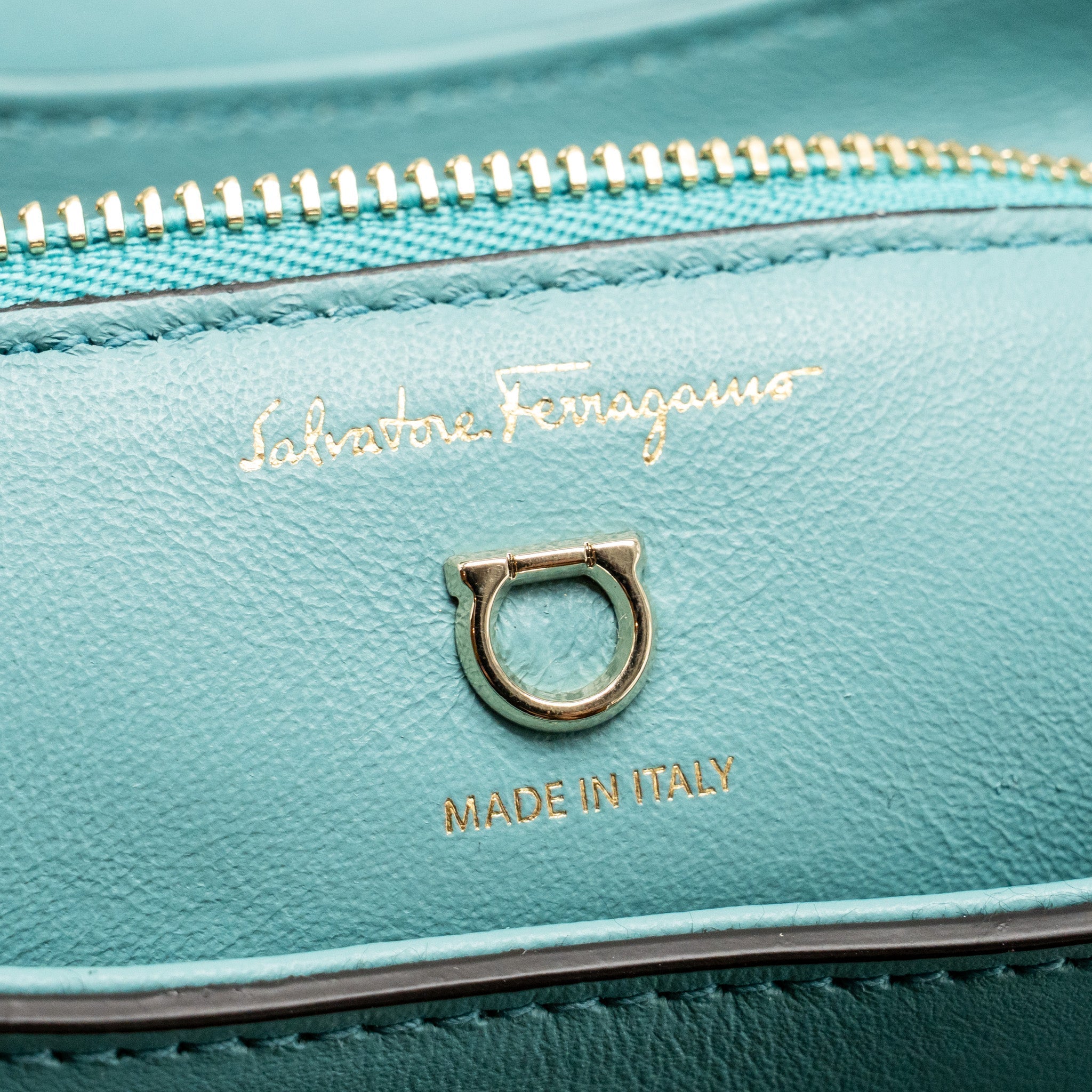 SALVATORE FERRAGAMO TOP HANDLE FLAP LOCK BAG CALFSKIN TURQUOISE LGHW
