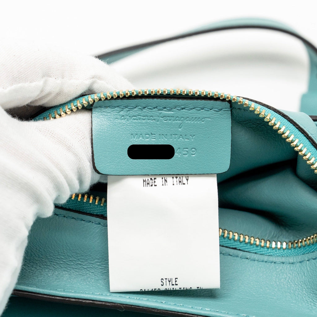 SALVATORE FERRAGAMO TOP HANDLE FLAP LOCK BAG CALFSKIN TURQUOISE LGHW