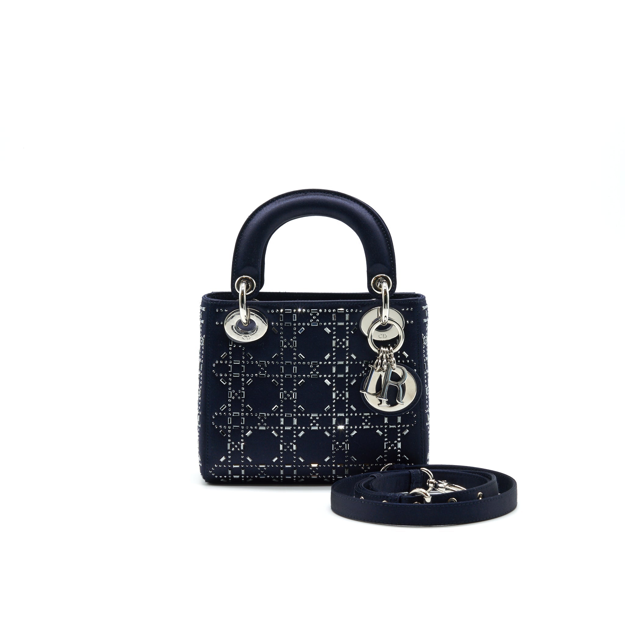 CHRISTIAN DIOR SATIN CRYSTAL CANNAGE MINI LADY DIOR IN NAVY