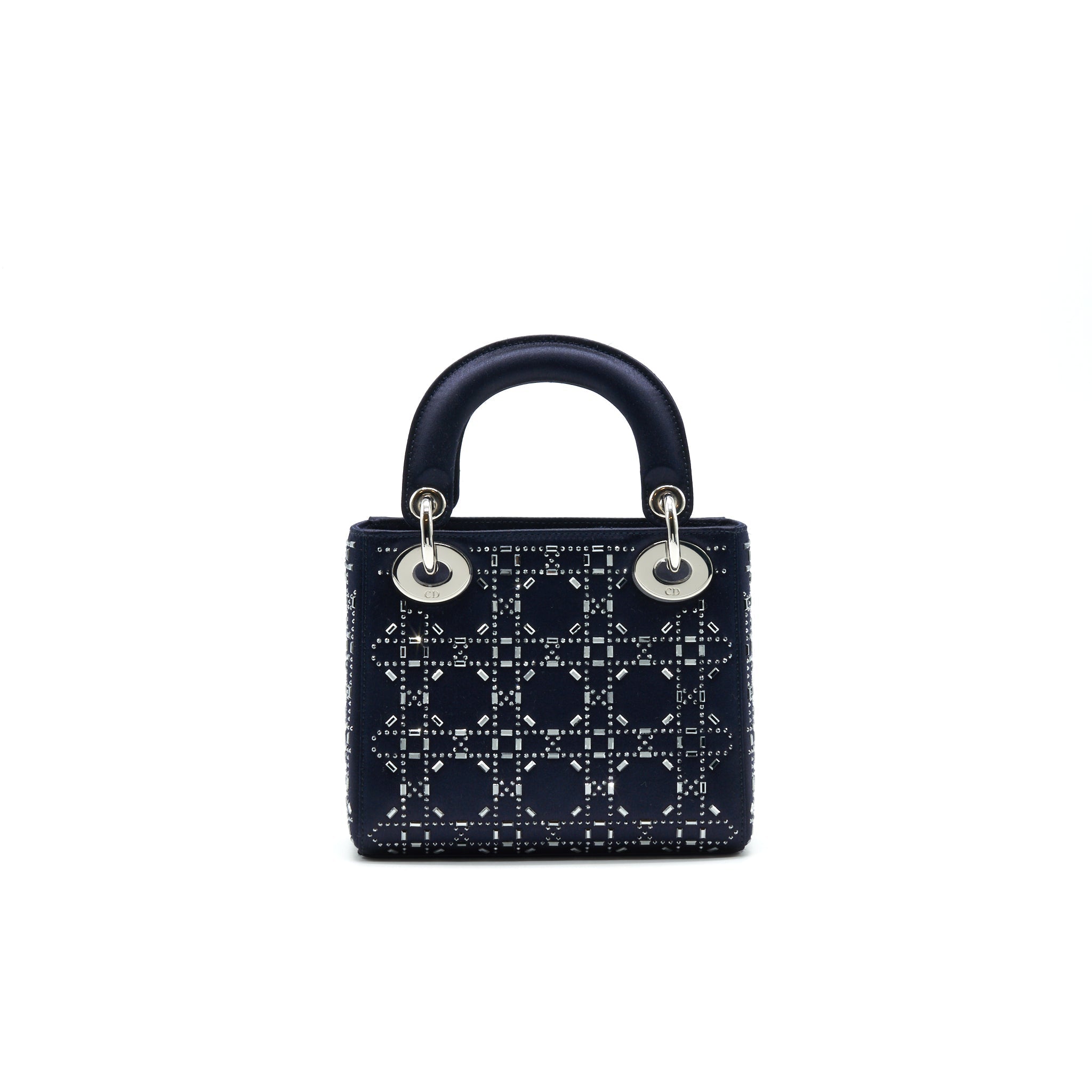 CHRISTIAN DIOR SATIN CRYSTAL CANNAGE MINI LADY DIOR IN NAVY