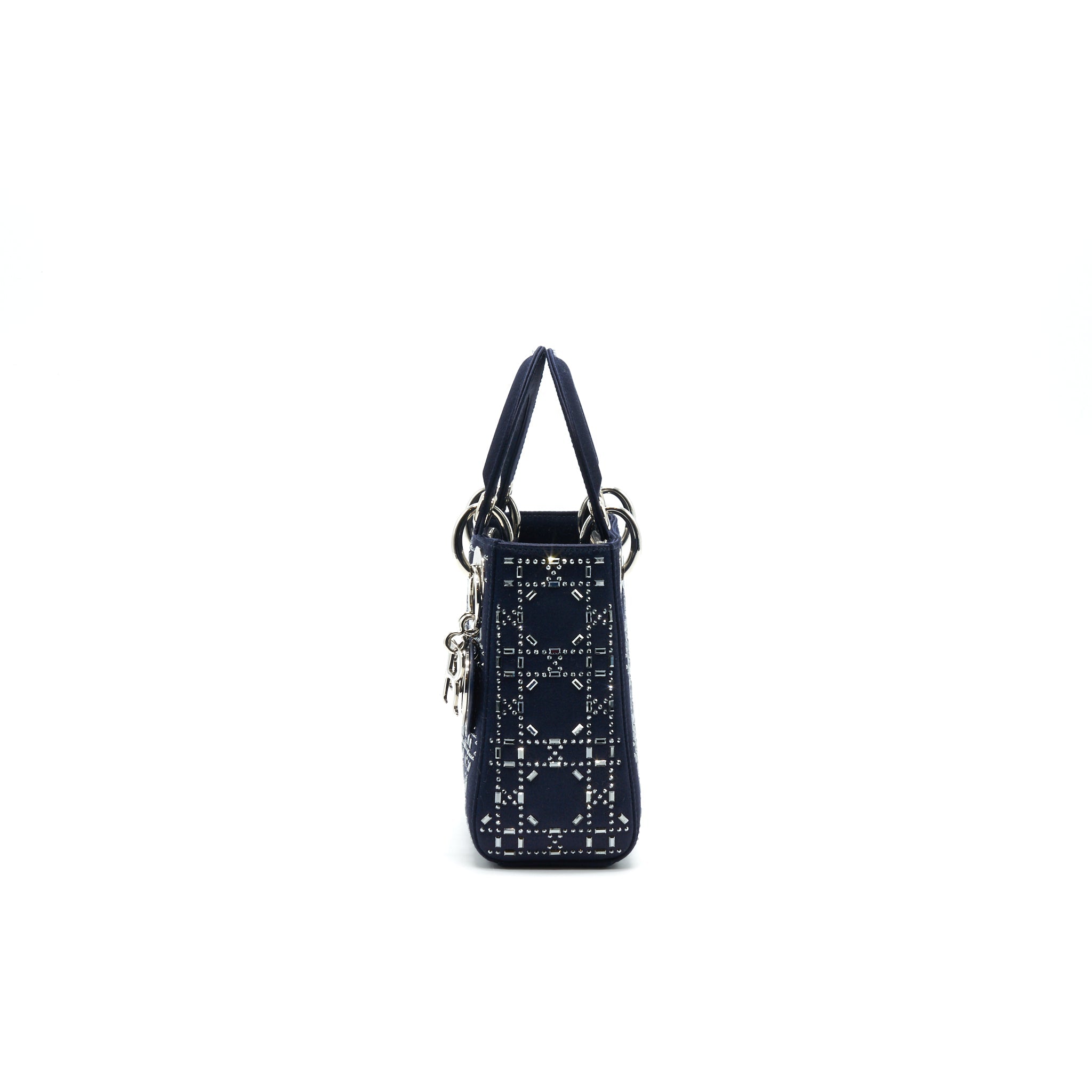 CHRISTIAN DIOR SATIN CRYSTAL CANNAGE MINI LADY DIOR IN NAVY