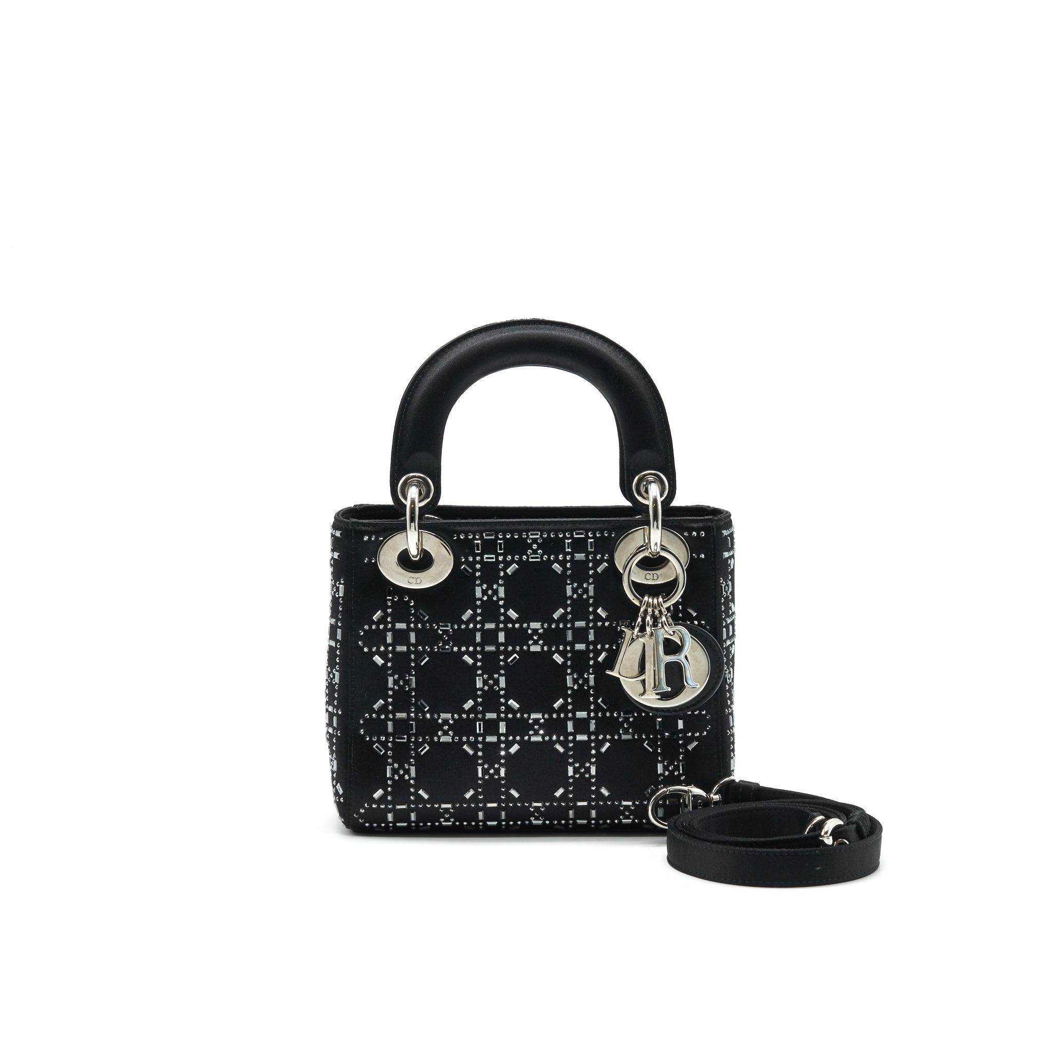 CHRISTIAN DIOR SATIN CRYSTAL CANNAGE MINI LADY DIOR BLACK