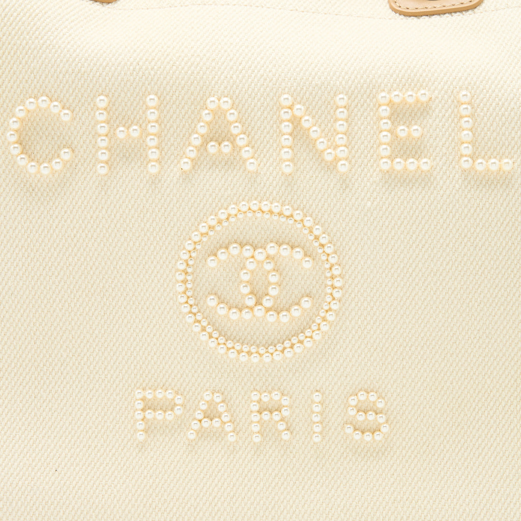 CHANEL DEAUVILLE TOTE BAG FABRIC/LEATHER CREAMY WHITE/BEIGE GHW