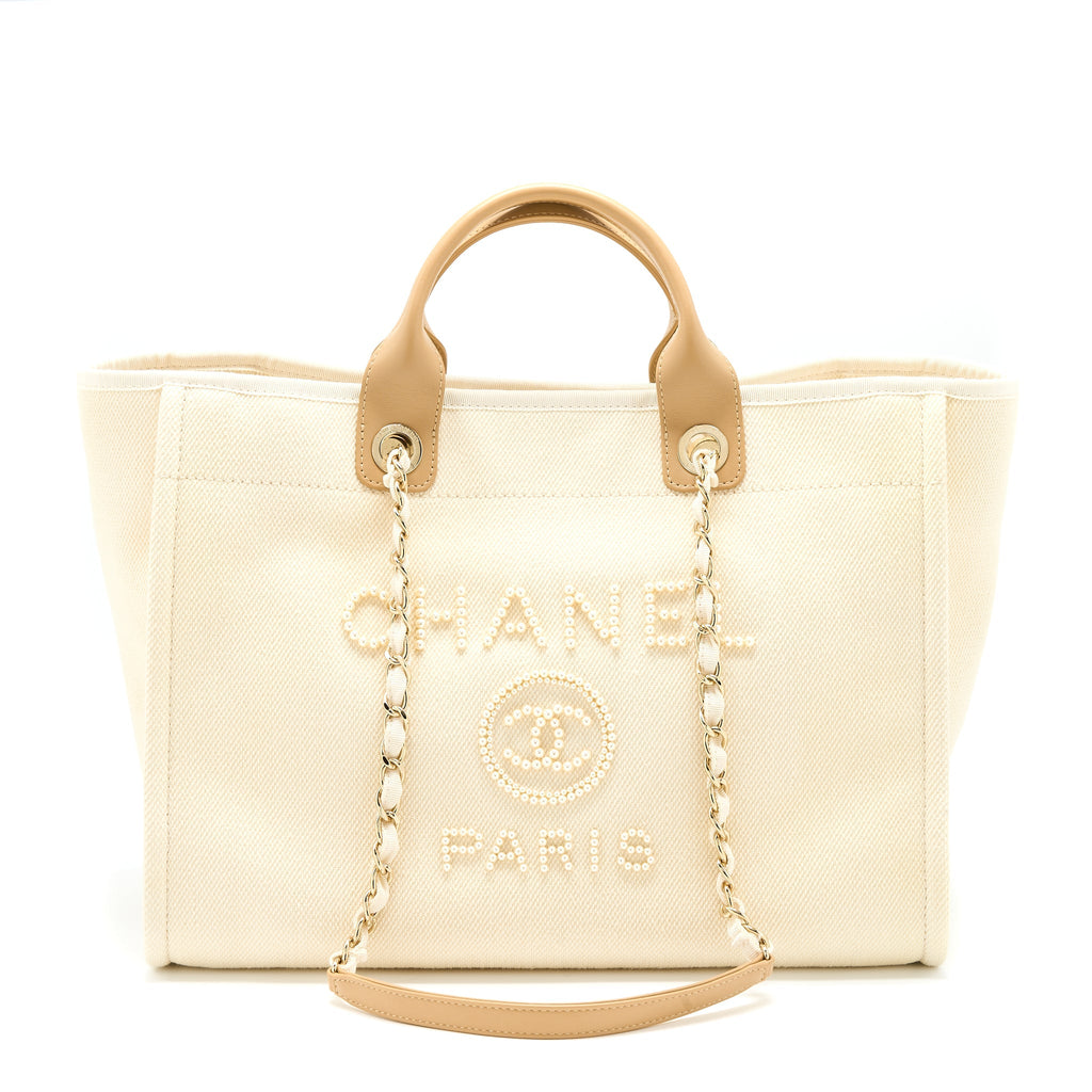 CHANEL DEAUVILLE TOTE BAG FABRIC/LEATHER CREAMY WHITE/BEIGE GHW