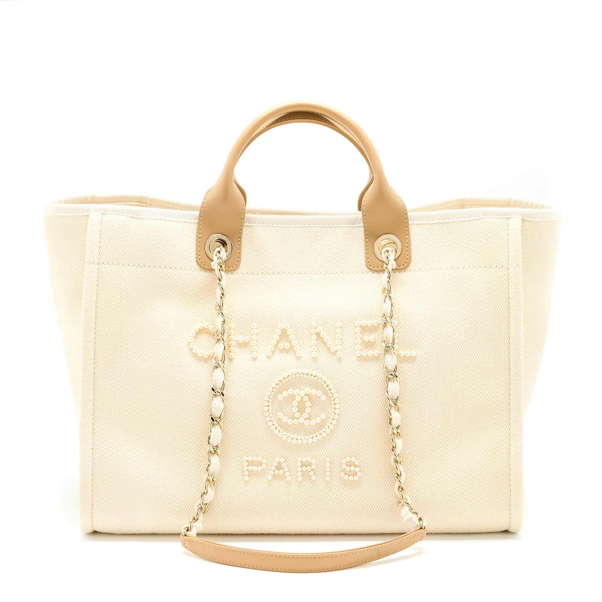 CHANEL DEAUVILLE TOTE BAG FABRIC/LEATHER CREAMY WHITE/BEIGE GHW