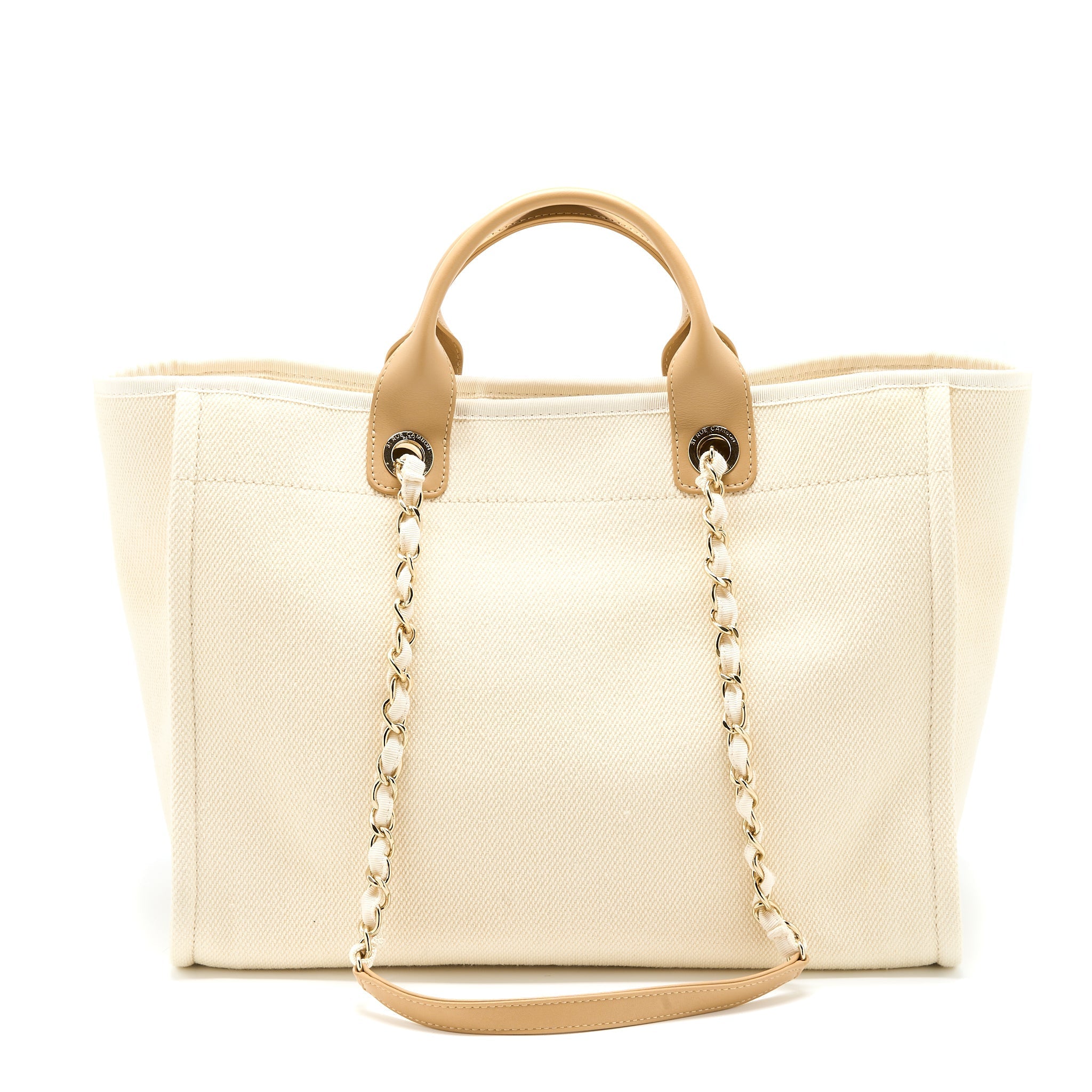 CHANEL DEAUVILLE TOTE BAG FABRIC/LEATHER CREAMY WHITE/BEIGE GHW