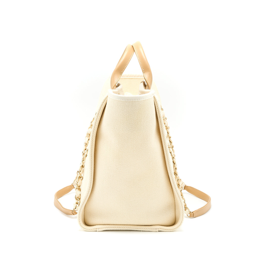 CHANEL DEAUVILLE TOTE BAG FABRIC/LEATHER CREAMY WHITE/BEIGE GHW