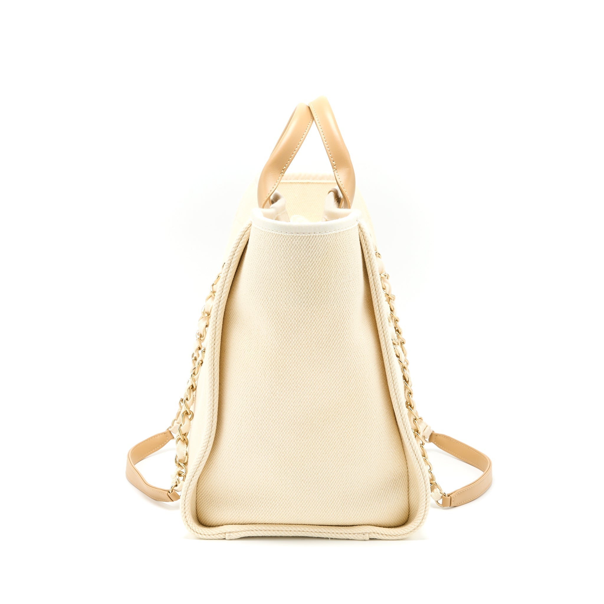 CHANEL DEAUVILLE TOTE BAG FABRIC/LEATHER CREAMY WHITE/BEIGE GHW