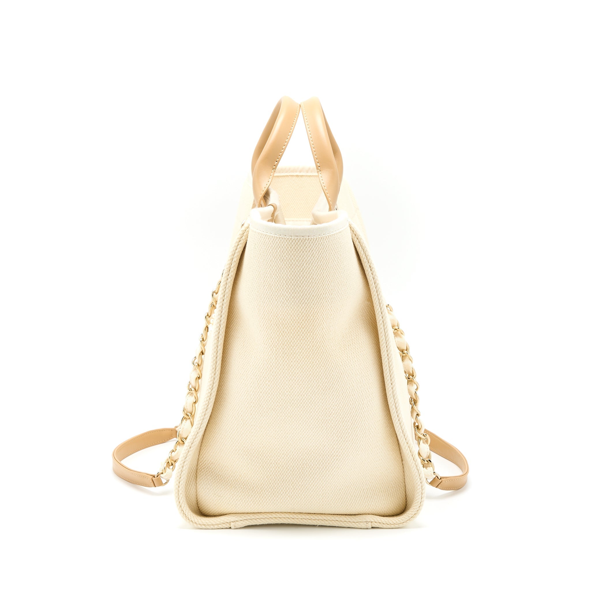 CHANEL DEAUVILLE TOTE BAG FABRIC/LEATHER CREAMY WHITE/BEIGE GHW