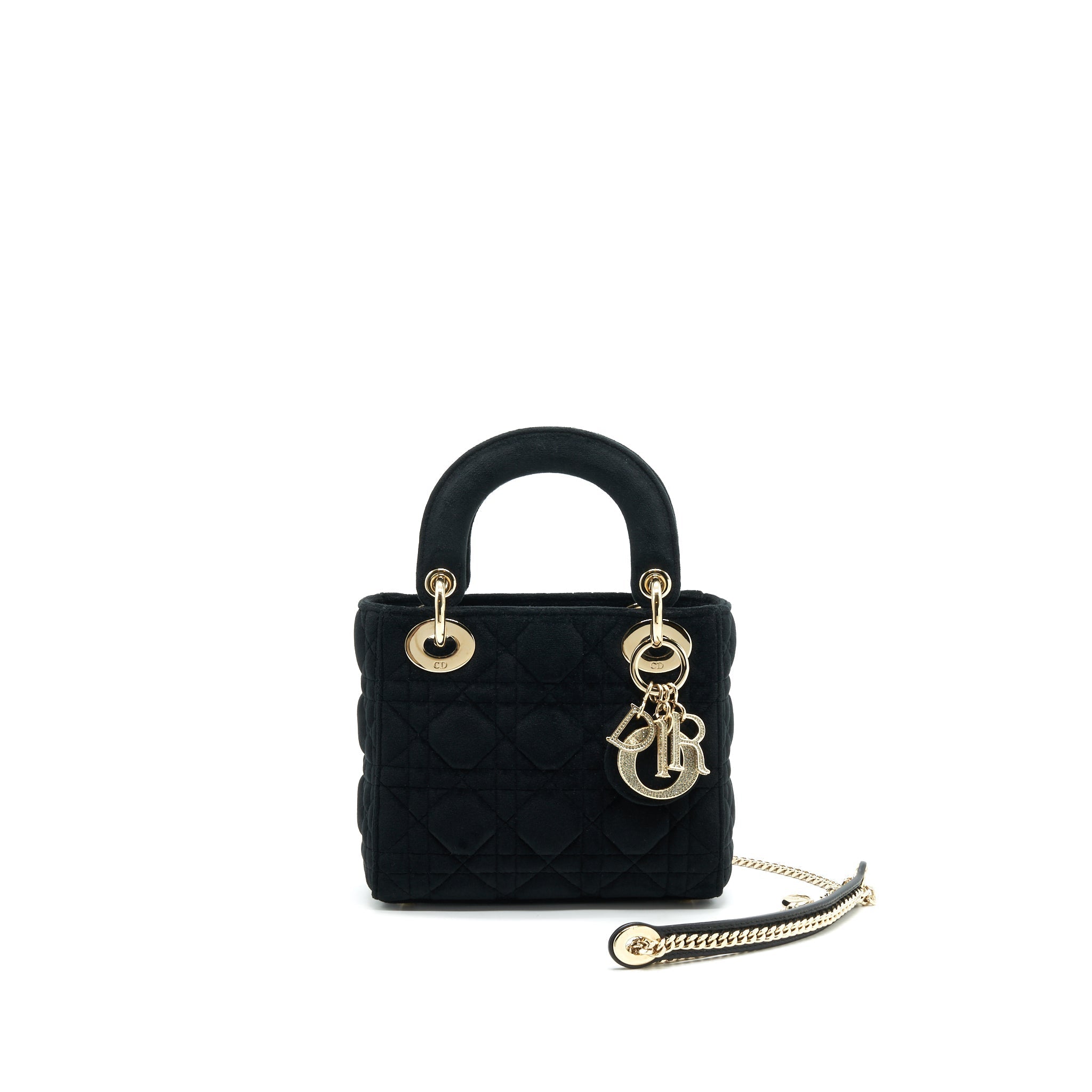 CHRISTIAN DIOR MINI LADY DIOR IN VELVET BLACK WITH LIGHT GOLD HARDWARE AND WHITE CRYSTAL