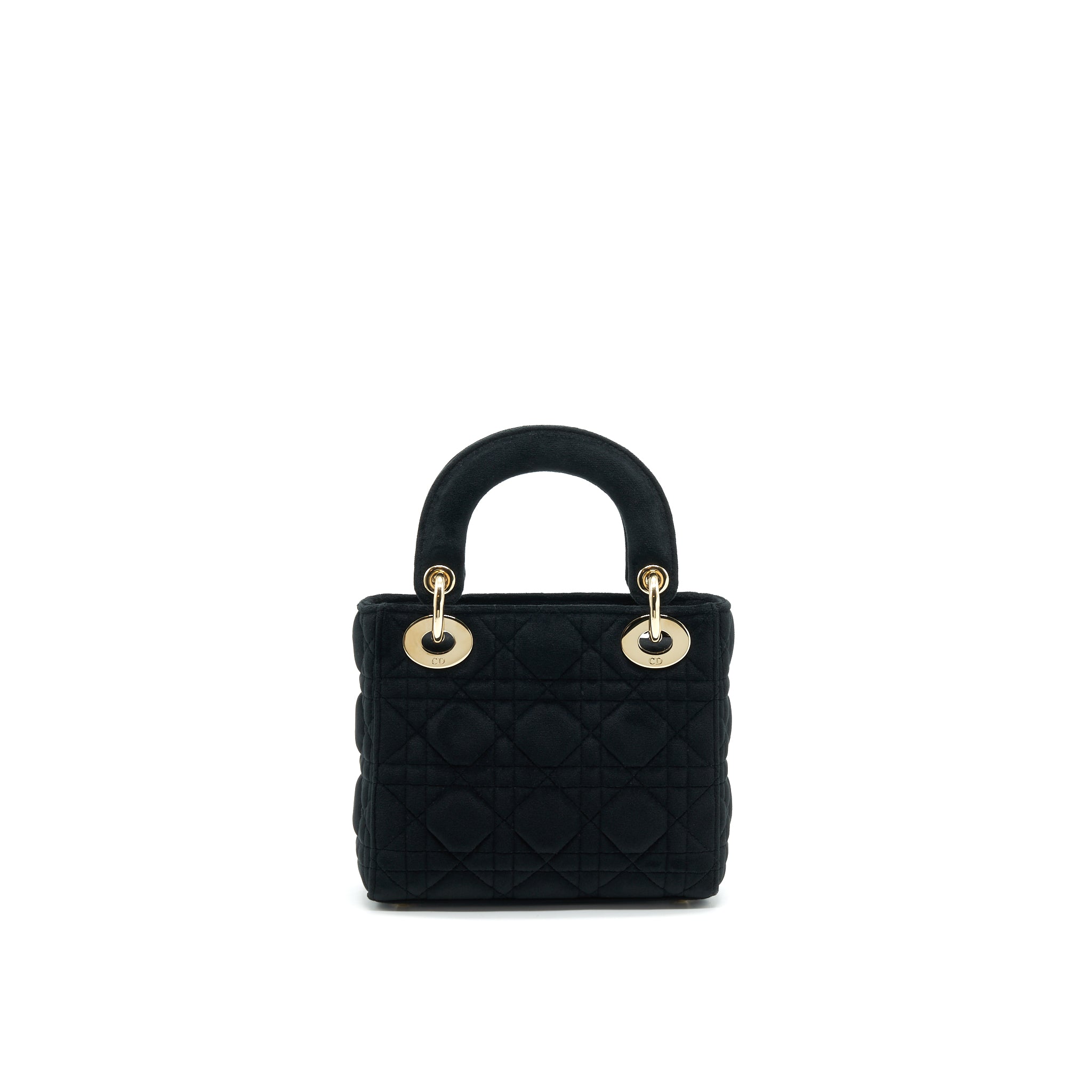 CHRISTIAN DIOR MINI LADY DIOR IN VELVET BLACK WITH LIGHT GOLD HARDWARE AND WHITE CRYSTAL