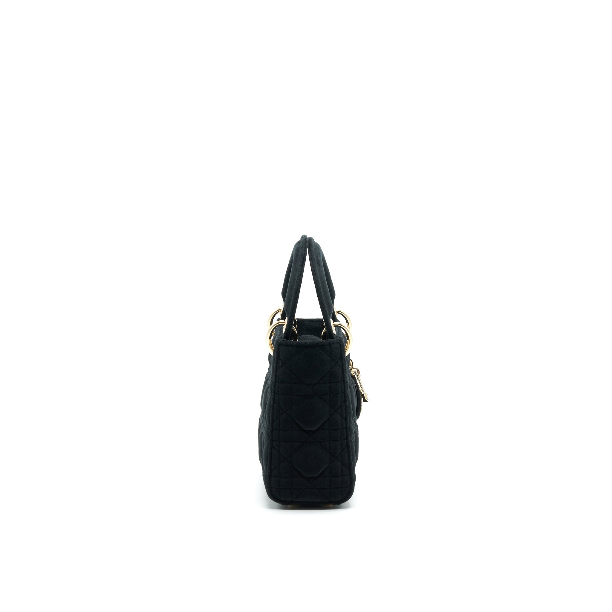 CHRISTIAN DIOR MINI LADY DIOR IN VELVET BLACK WITH LIGHT GOLD HARDWARE AND WHITE CRYSTAL