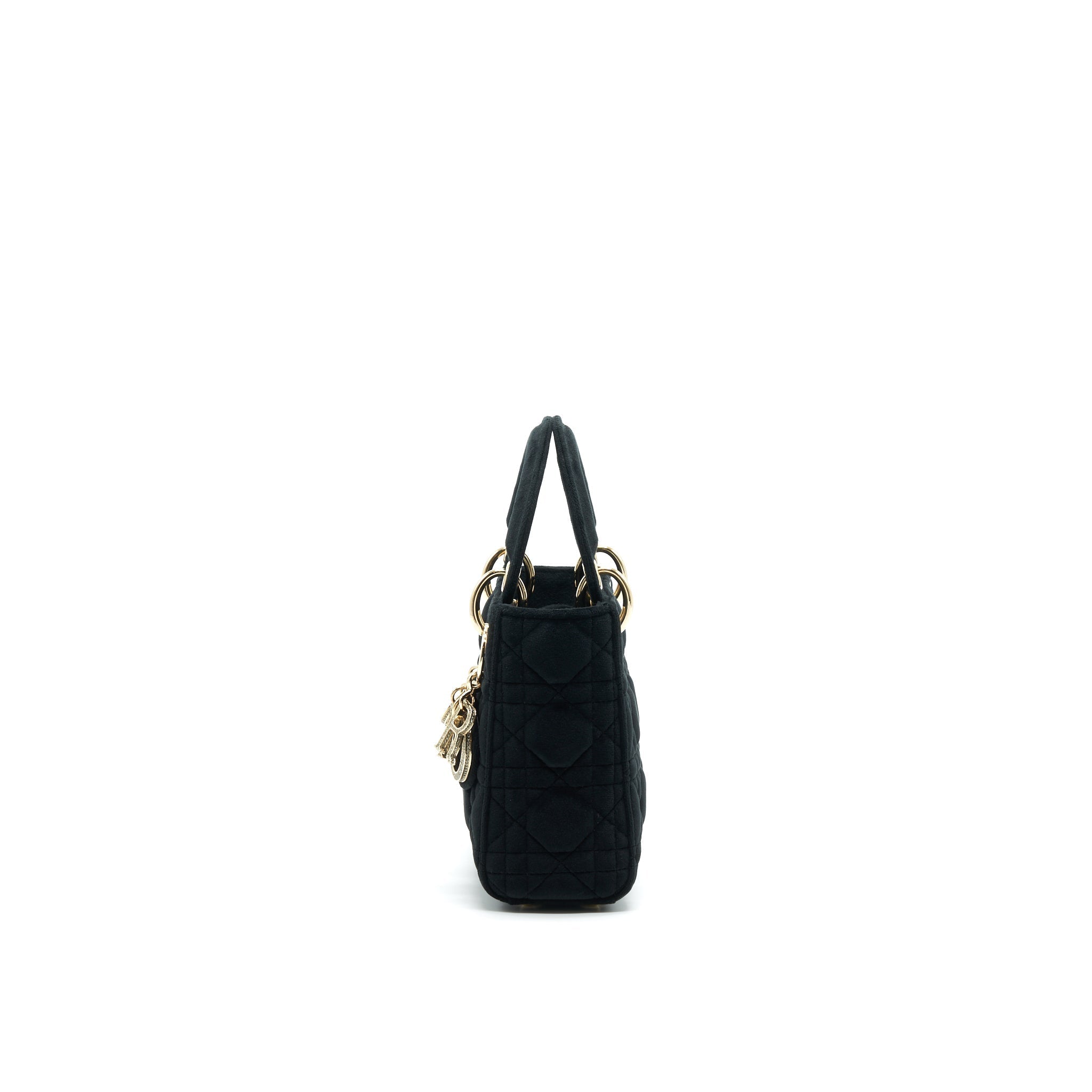 CHRISTIAN DIOR MINI LADY DIOR IN VELVET BLACK WITH LIGHT GOLD HARDWARE AND WHITE CRYSTAL
