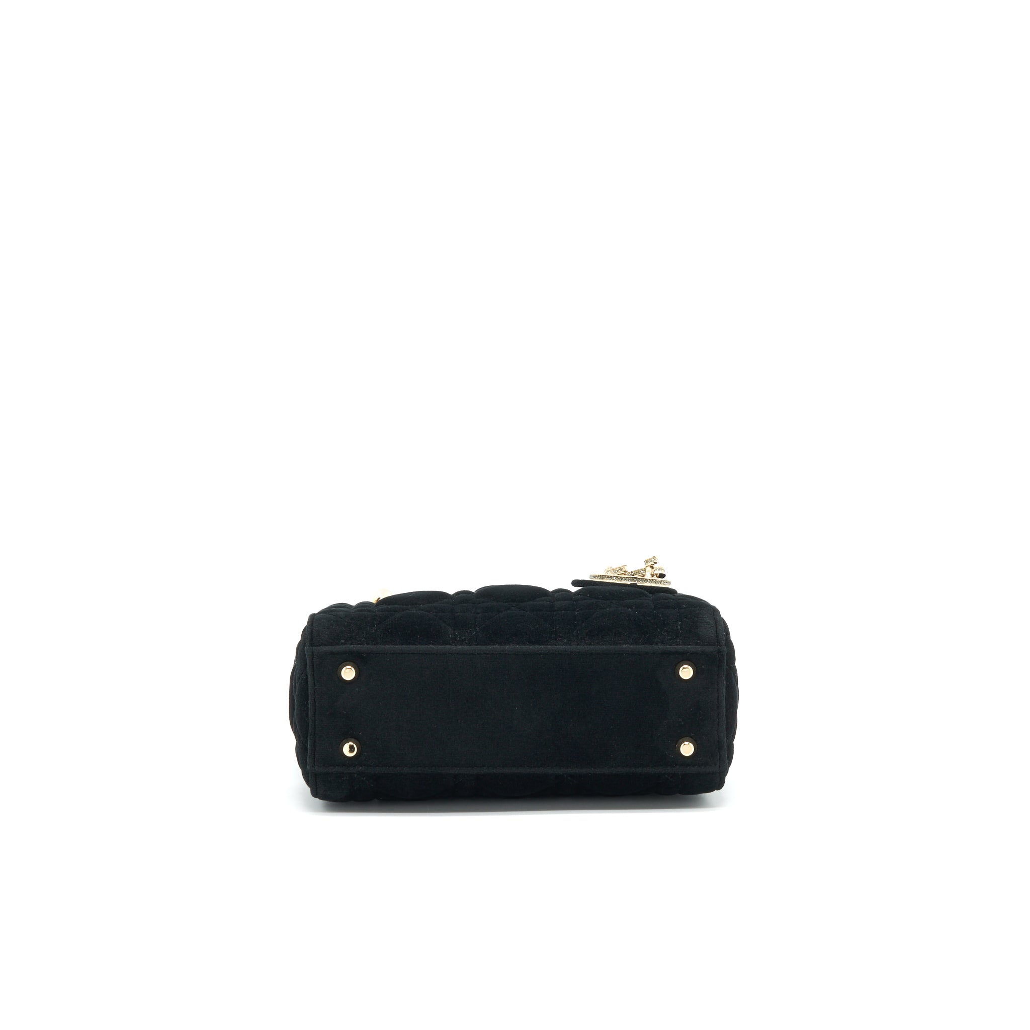 CHRISTIAN DIOR MINI LADY DIOR IN VELVET BLACK WITH LIGHT GOLD HARDWARE AND WHITE CRYSTAL