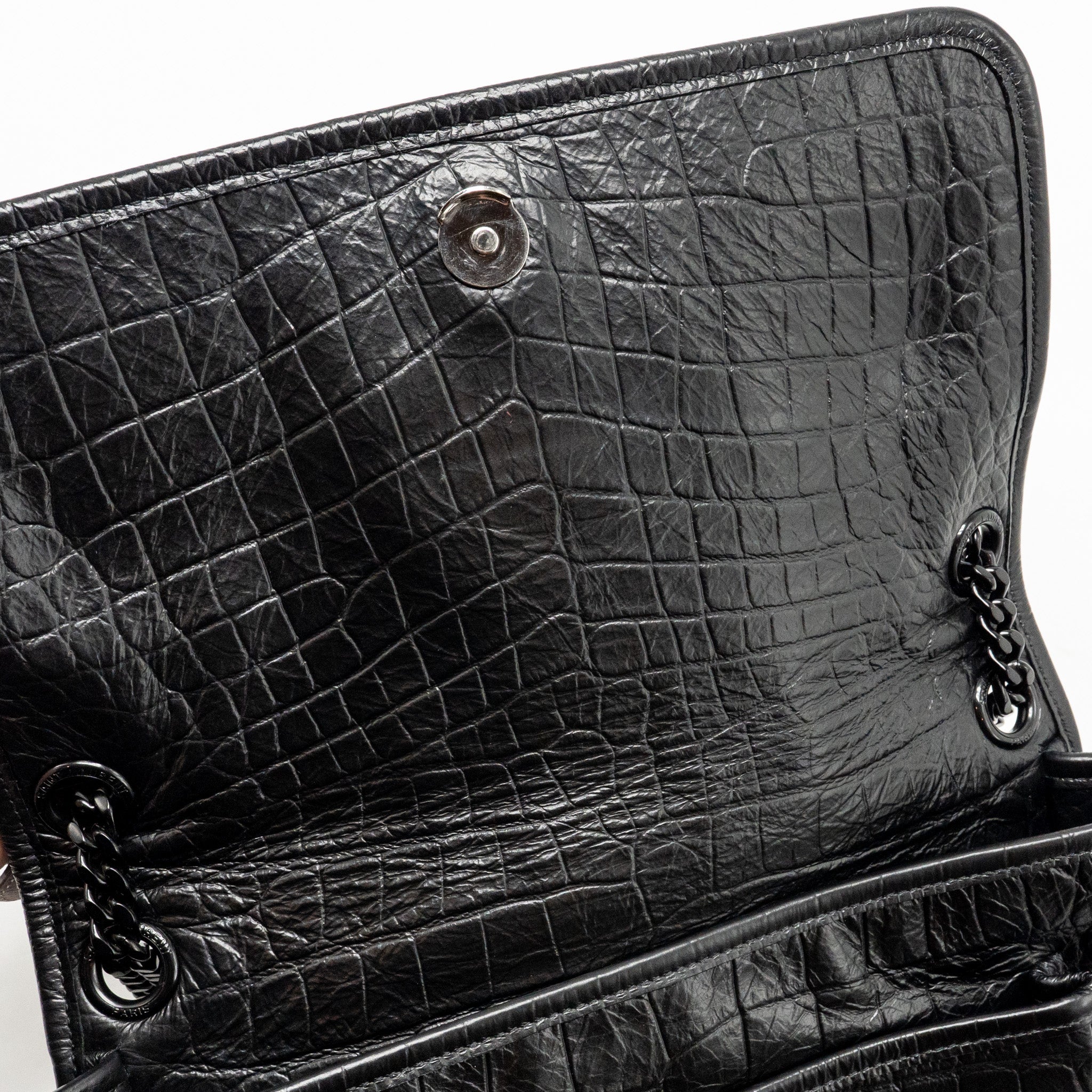 SAINT LAURENT/YSL MEDIUM NIKI BAG CROCODILE-EMBOSSED BLACK CALFSKIN BLACK HARDWARE