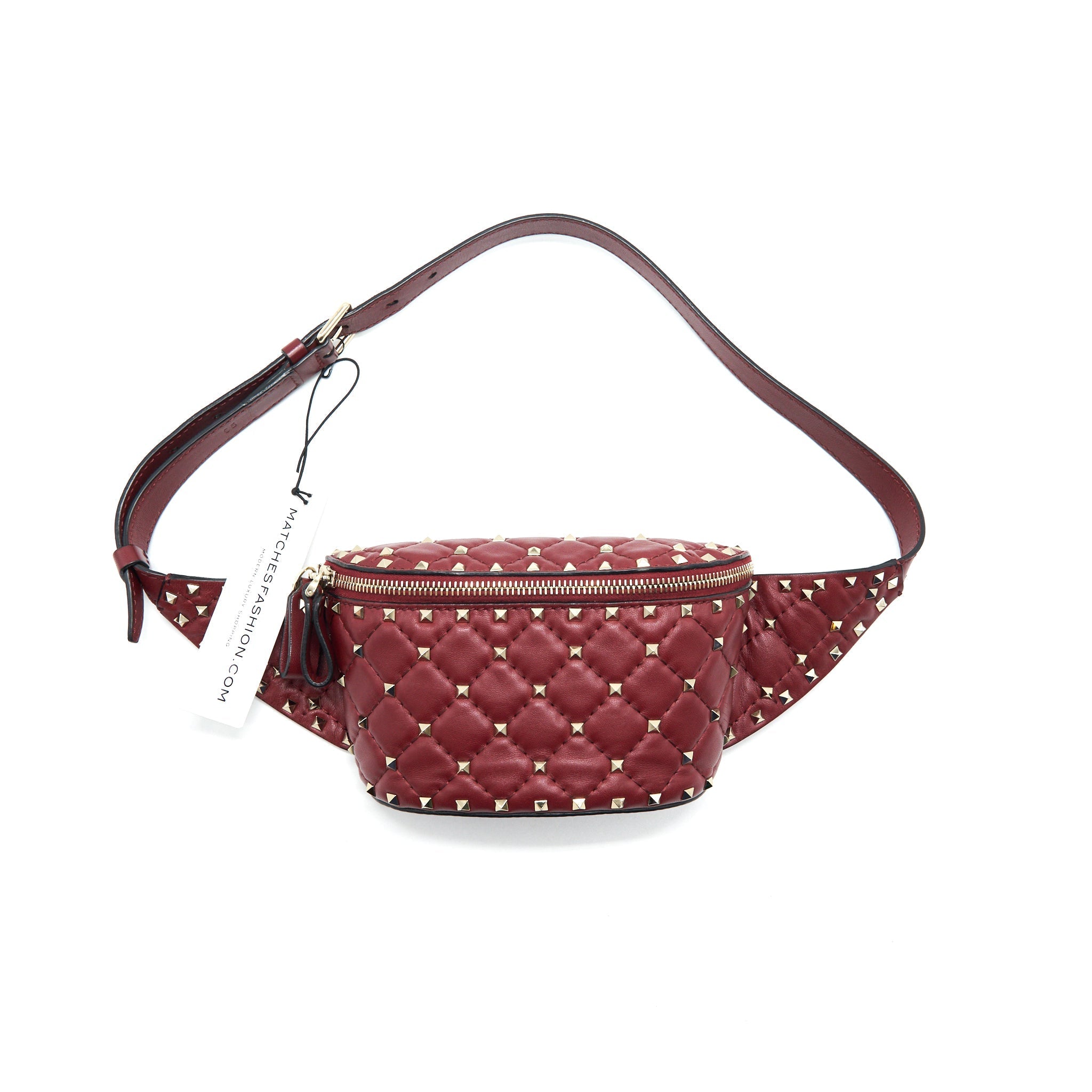 VALENTINO ROCKSTUD SPIKE QUILTED-LEATHER BELT BAG BURGUNDY 95CM