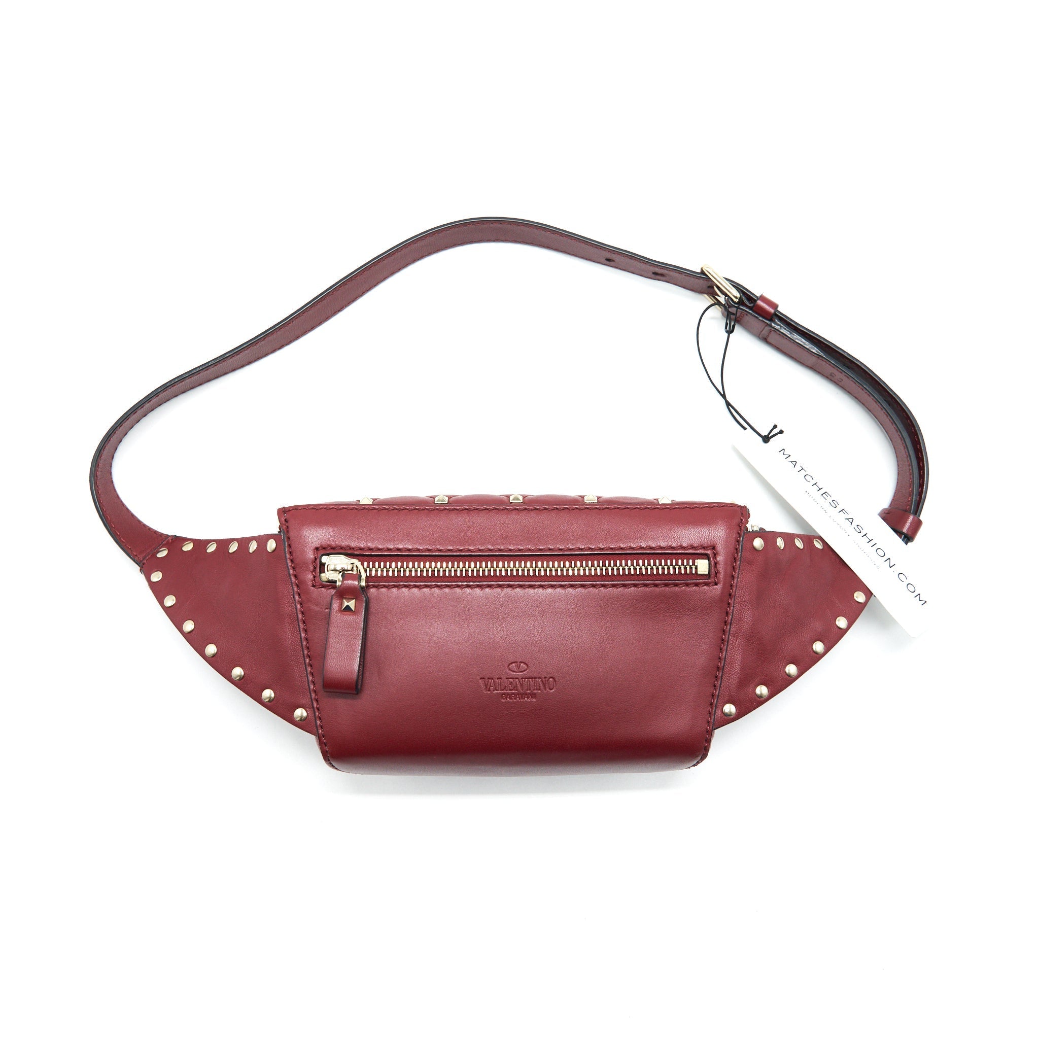 VALENTINO ROCKSTUD SPIKE QUILTED-LEATHER BELT BAG BURGUNDY 95CM