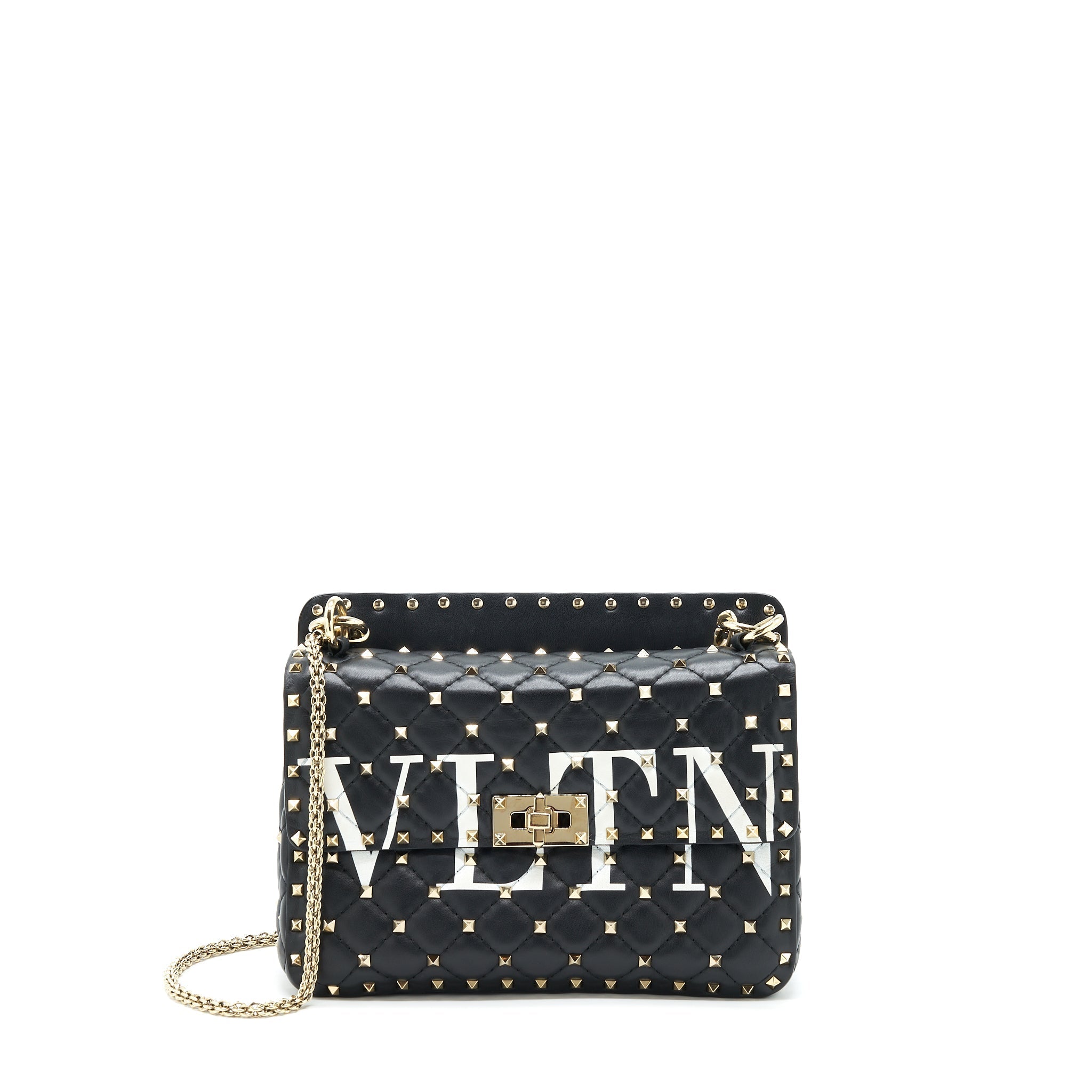 VALENTINO GARAVANI MEDIUM ROCKSTUD SPIKE SHOULDER BLACK LETTER PRINT LGHW