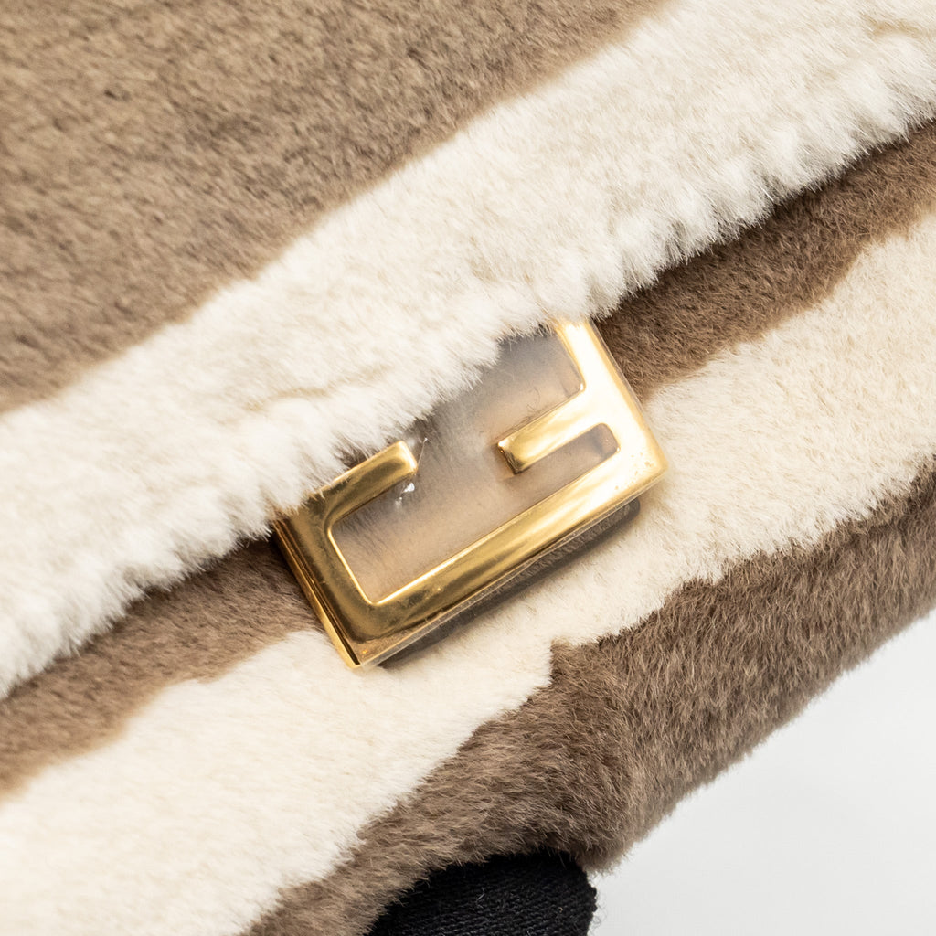FENDI NANO CHAIN BAGUETTE CHARM BAG SHEARLING BROWN/CREAM GHW