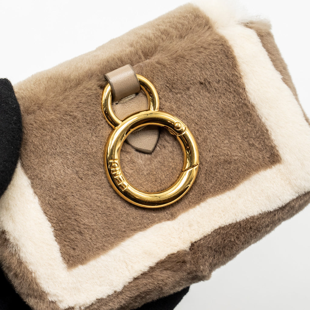 FENDI NANO CHAIN BAGUETTE CHARM BAG SHEARLING BROWN/CREAM GHW