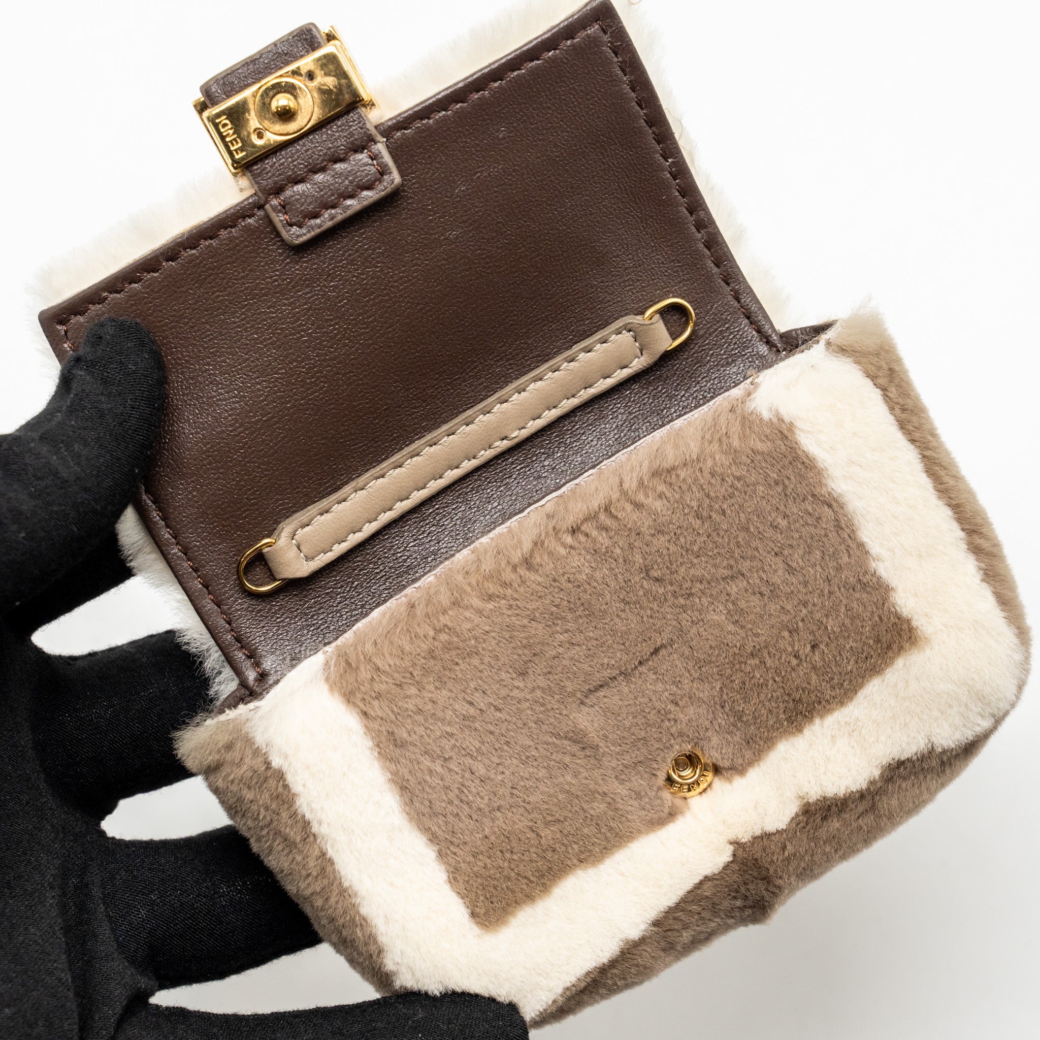 FENDI NANO CHAIN BAGUETTE CHARM BAG SHEARLING BROWN/CREAM GHW