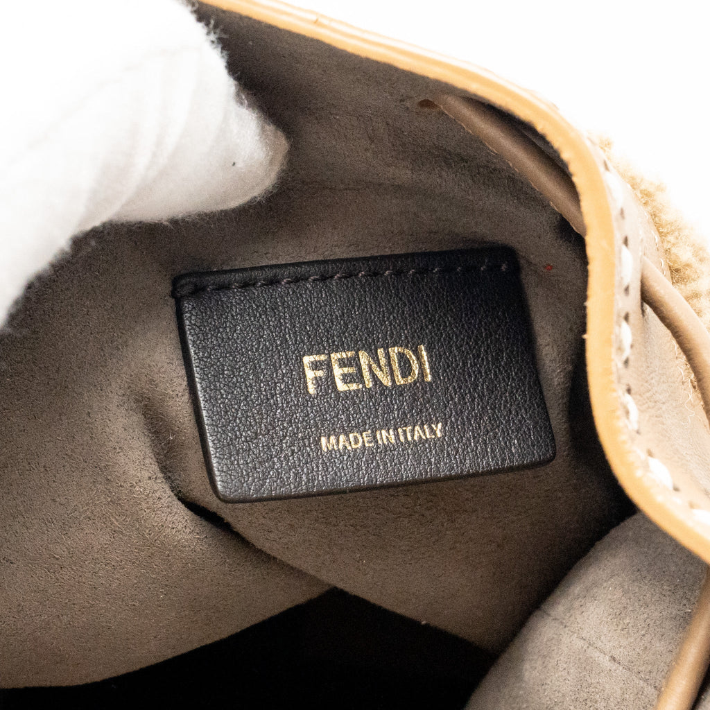 FENDI MINI MON TRESOR BUCKET BAG SHEARLING/LEATHER BEIGE GHW