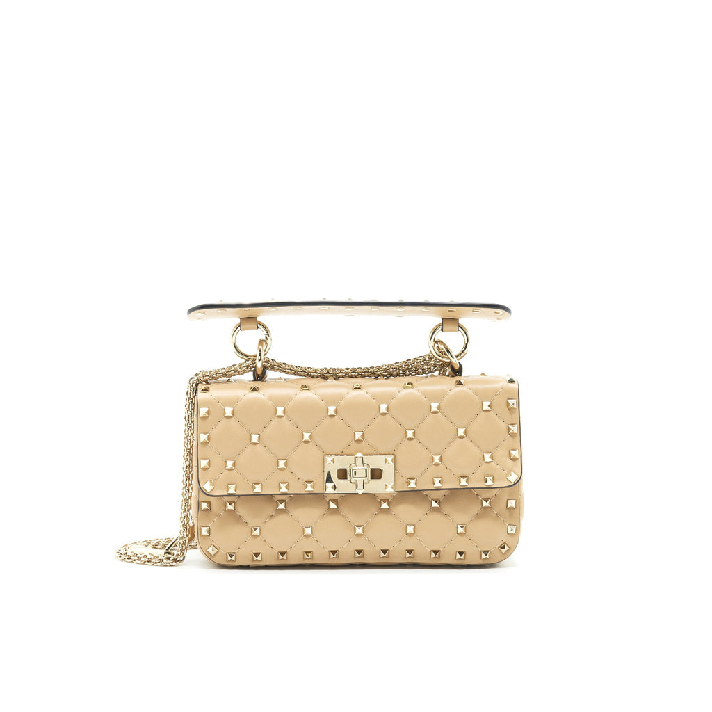 VALENTINO GARAVANI SMALL ROCKSTUD SPIKE SHOULDER BAG BEIGE LGHW