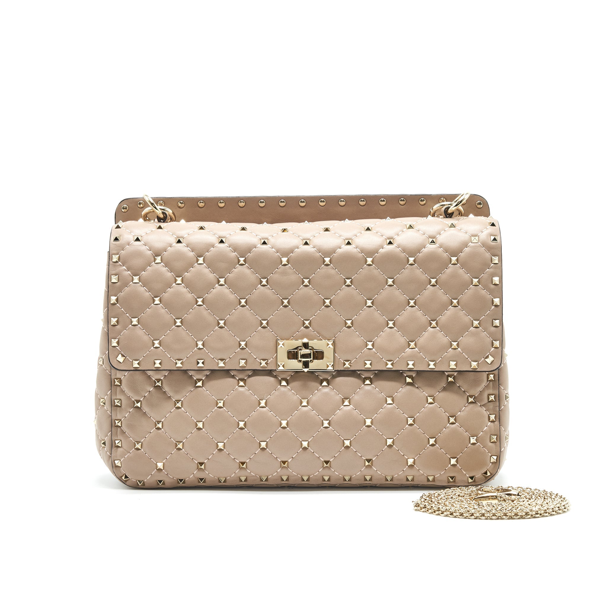 VALENTINO GARAVANI LARGE ROCKSTUD SPIKE SHOULDER BAG BEIGE LGHW