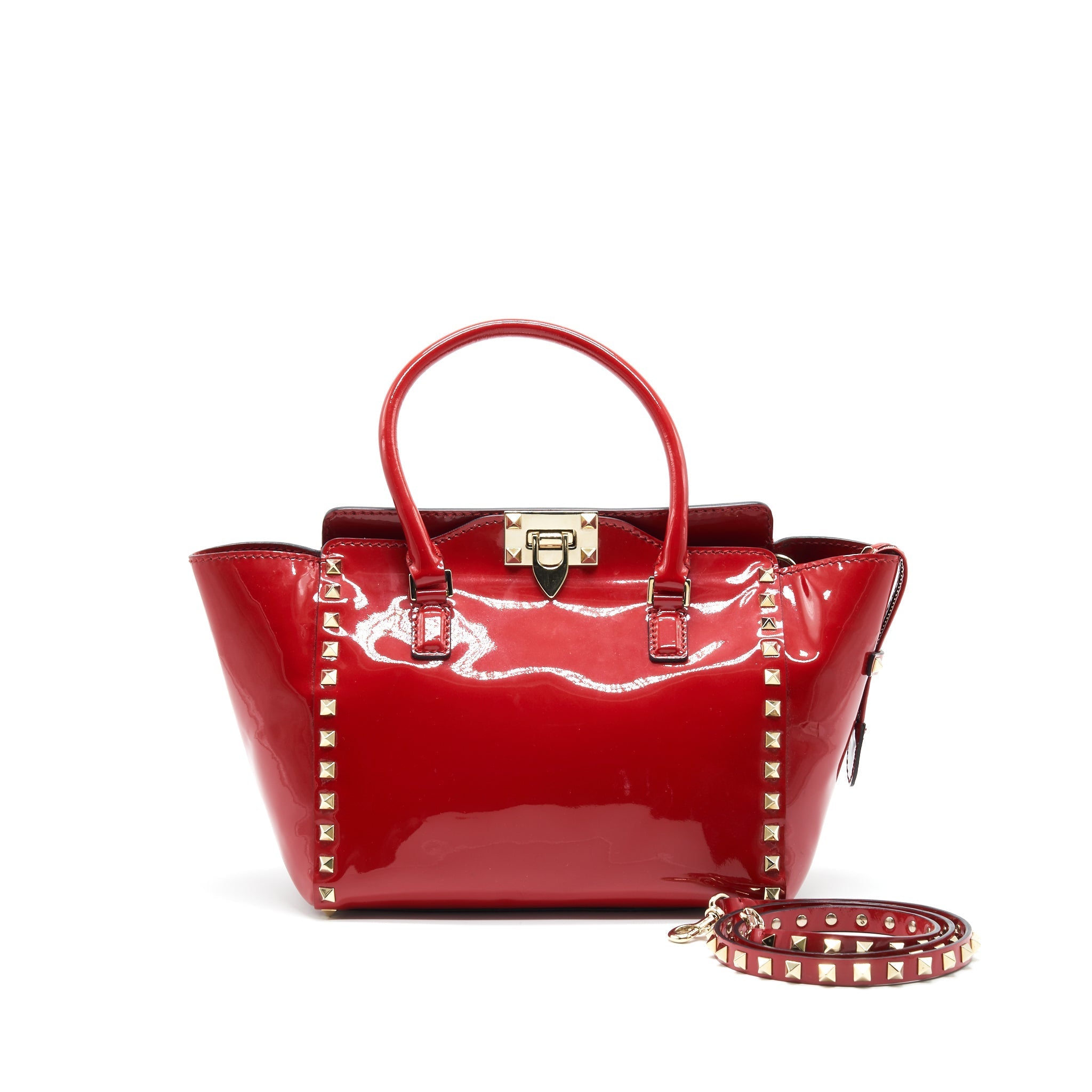 VALENTINO ROCKSTUD SMALL PAGOTA TOTE IN PATENT RED