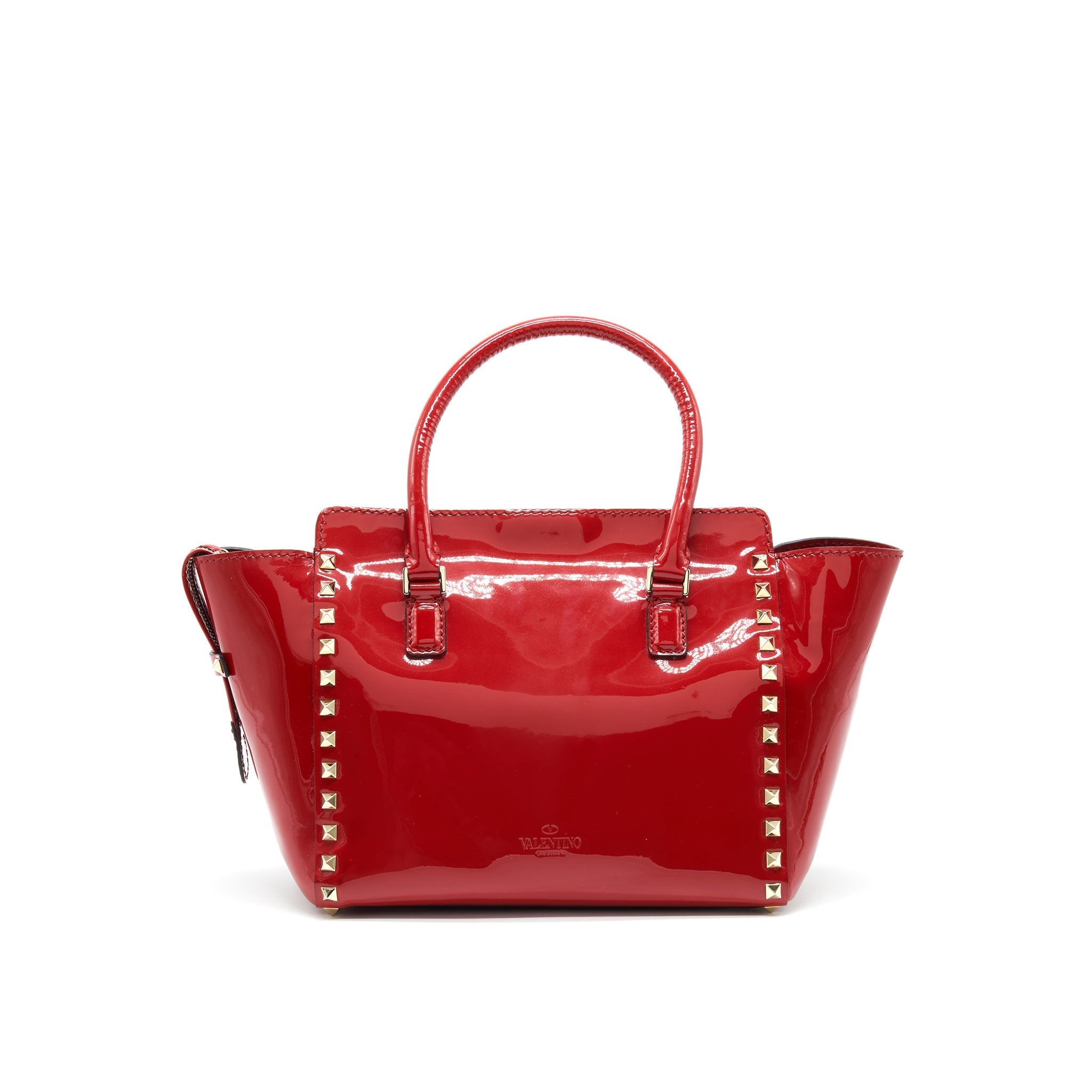 VALENTINO ROCKSTUD SMALL PAGOTA TOTE IN PATENT RED