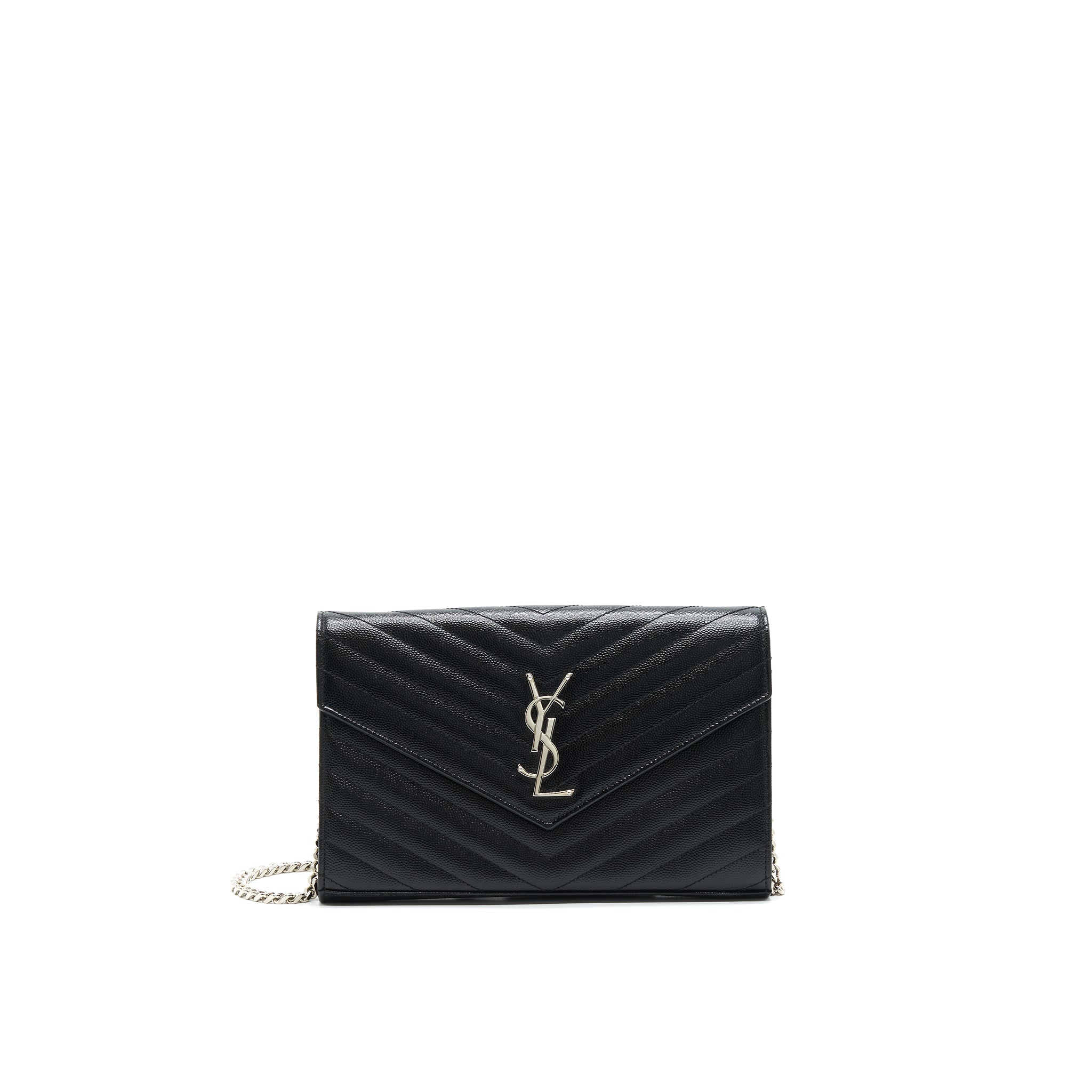 SAINT LAURENT ENVELOPE MONOGRAM WALLET ON CHAIN IN SHW