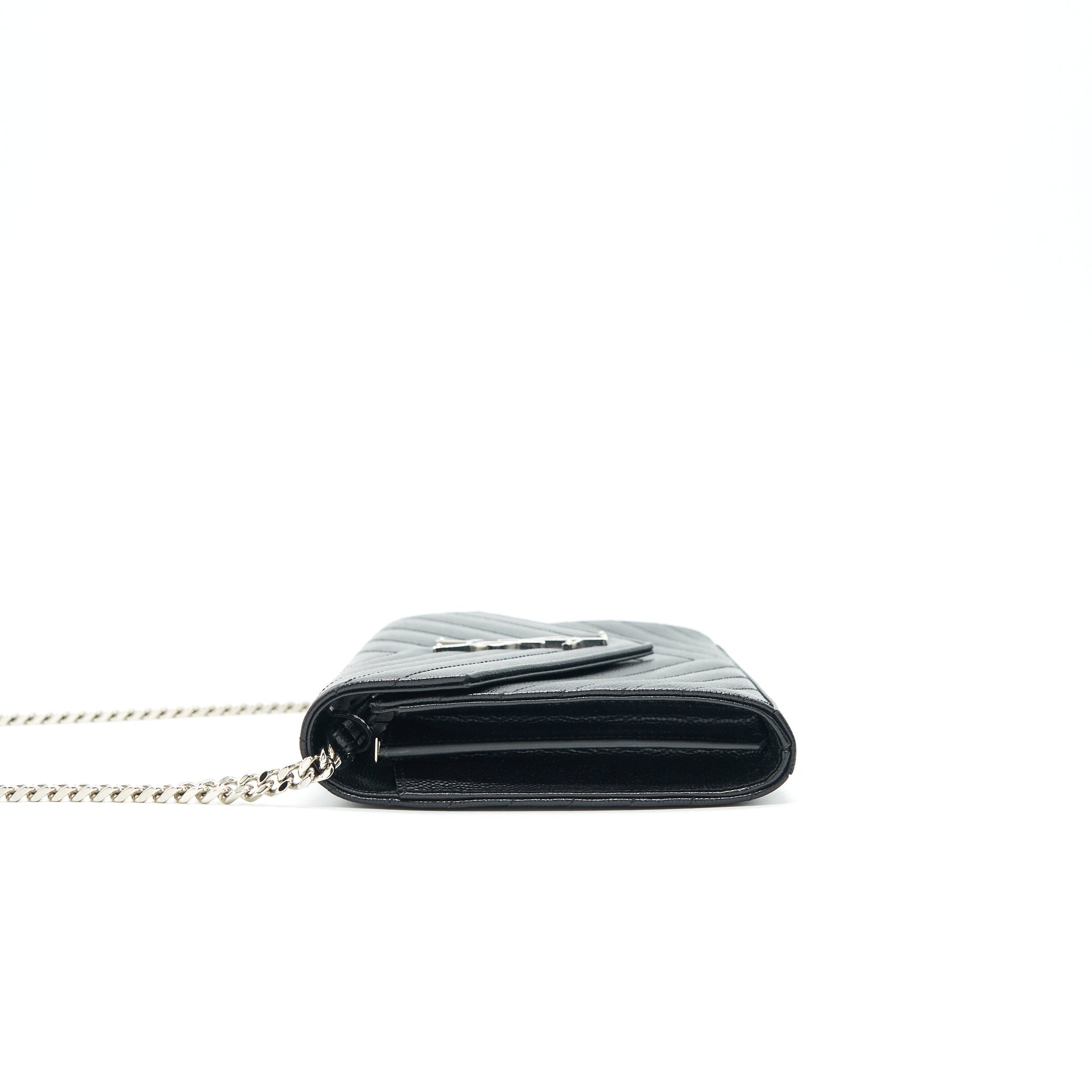 SAINT LAURENT ENVELOPE MONOGRAM WALLET ON CHAIN IN SHW