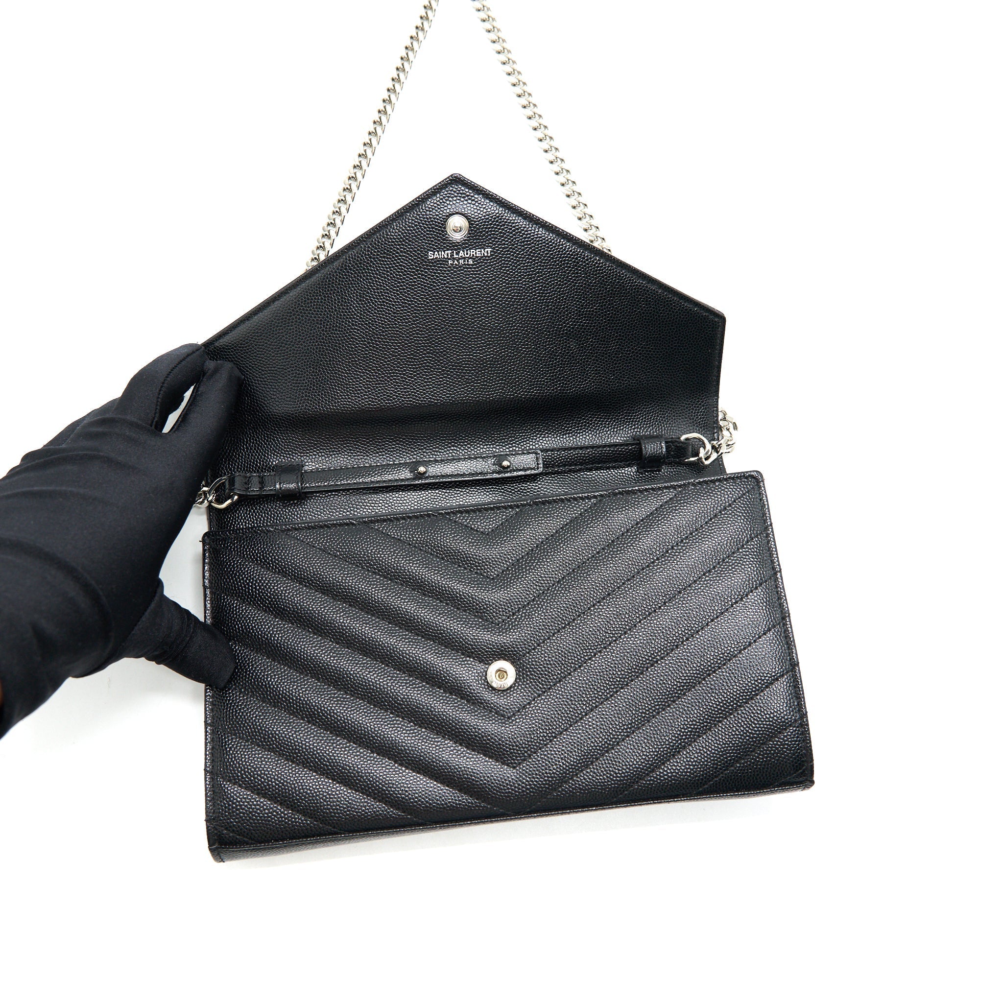 SAINT LAURENT ENVELOPE MONOGRAM WALLET ON CHAIN IN SHW