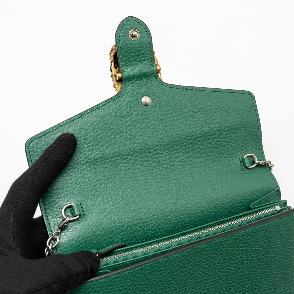 GUCCI MINI DIONYSUS WALLET ON CHAIN CALFSKIN GREEN MULTICOLOUR HARDWARE