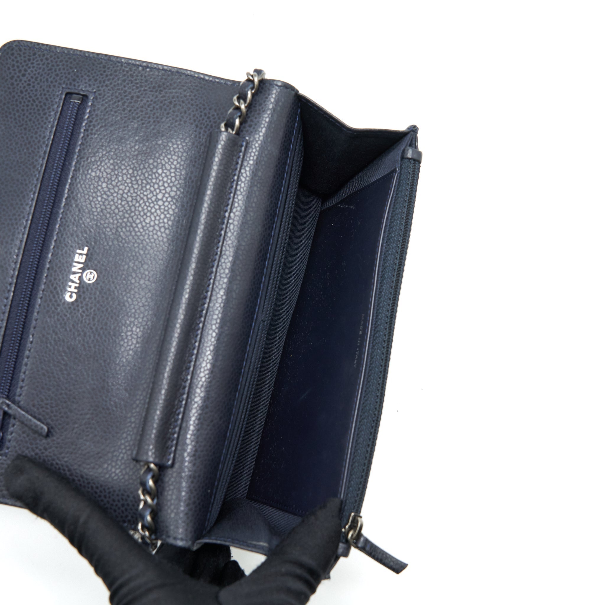 CHANEL CLASSIC WALLET ON CHAIN CAVIAR NAVY RUTHENIUM HARDWARE