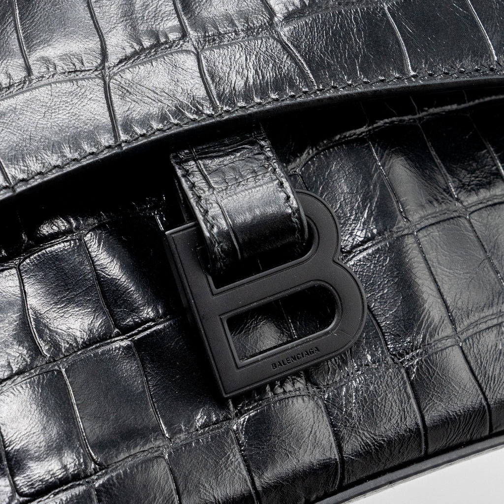 BALENCIAGA DOWNTOWN SMALL SHOUDLER BAG CROCODILE EMBOSSED BLACK WITH BLACK HARDWARE