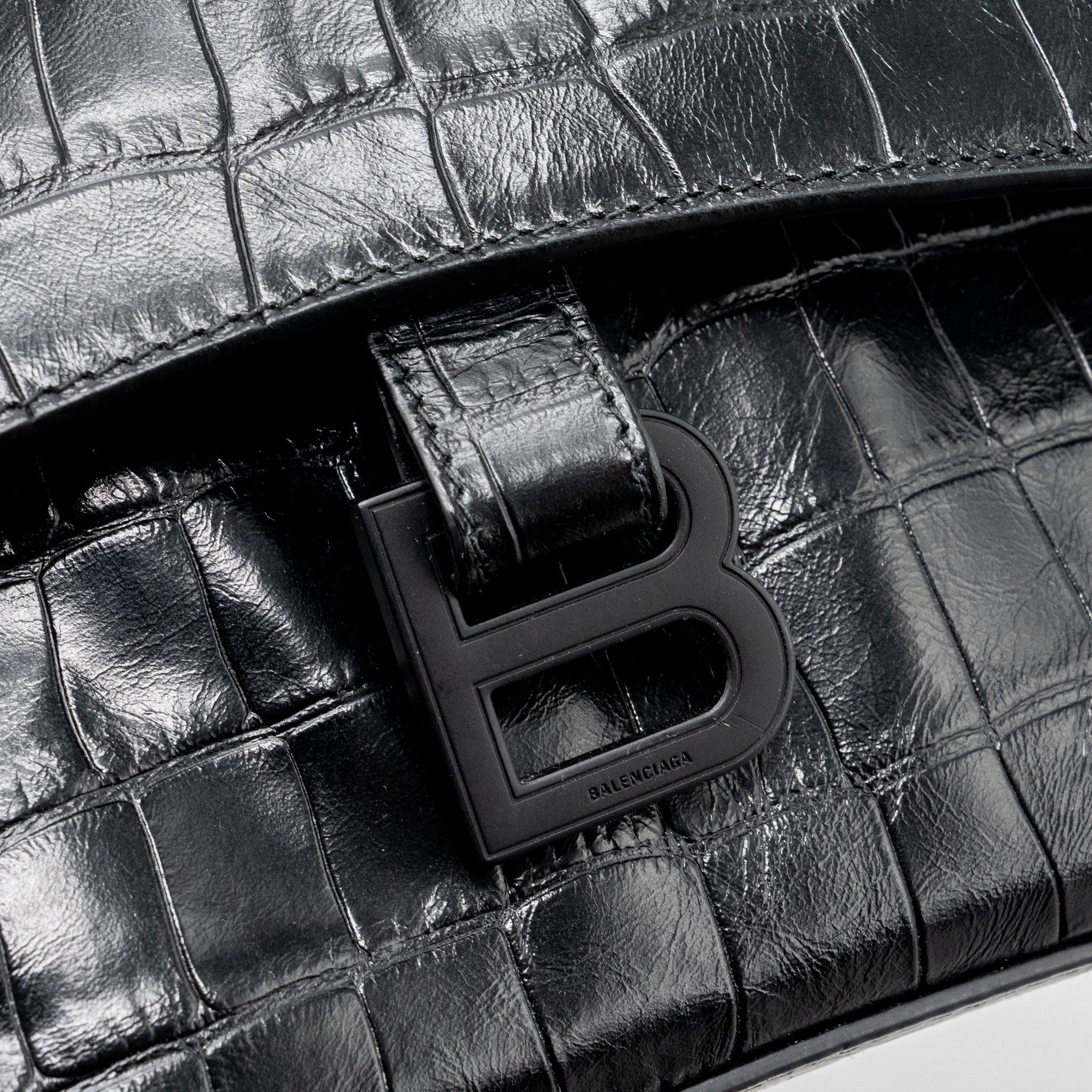 BALENCIAGA DOWNTOWN SMALL SHOUDLER BAG CROCODILE EMBOSSED BLACK WITH BLACK HARDWARE