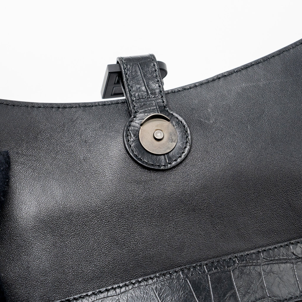 BALENCIAGA DOWNTOWN SMALL SHOUDLER BAG CROCODILE EMBOSSED BLACK WITH BLACK HARDWARE