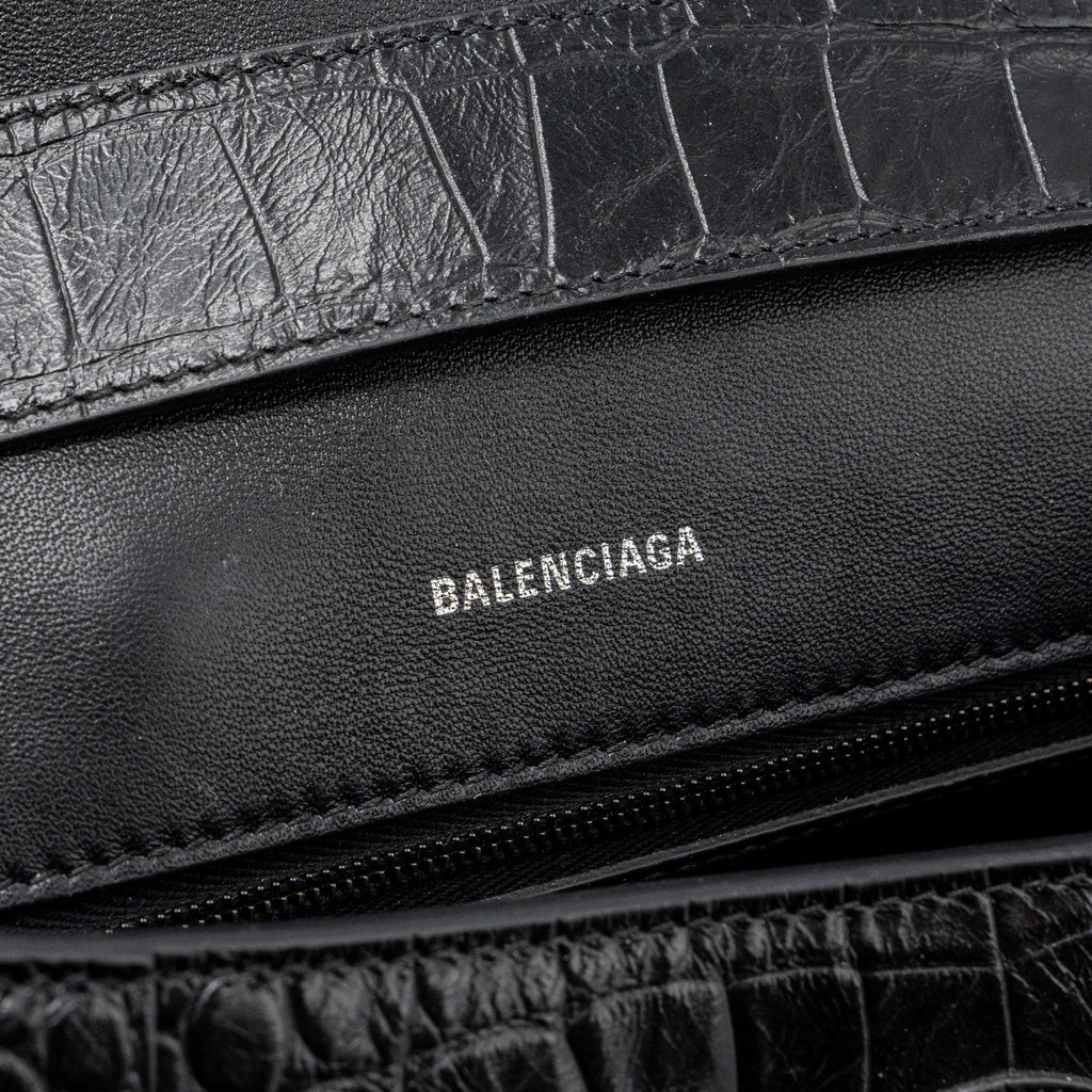 BALENCIAGA DOWNTOWN SMALL SHOUDLER BAG CROCODILE EMBOSSED BLACK WITH BLACK HARDWARE