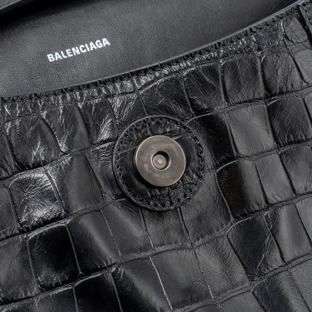 BALENCIAGA DOWNTOWN SMALL SHOUDLER BAG CROCODILE EMBOSSED BLACK WITH BLACK HARDWARE